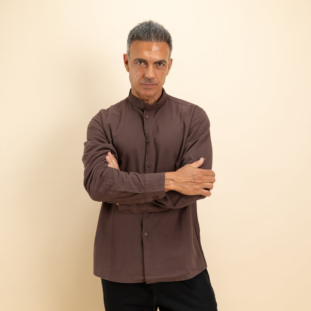 Camicia coreana in misto lino - Moro