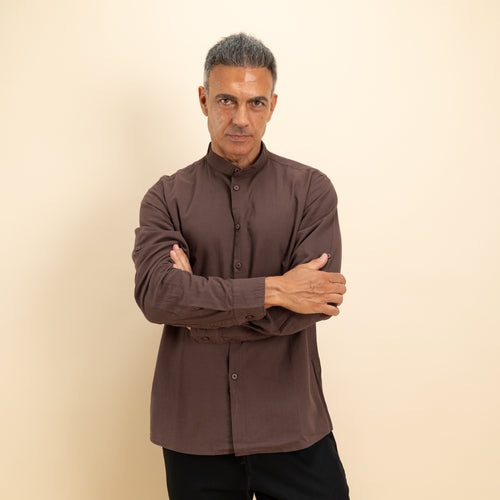 Camicia coreana in misto lino - Moro