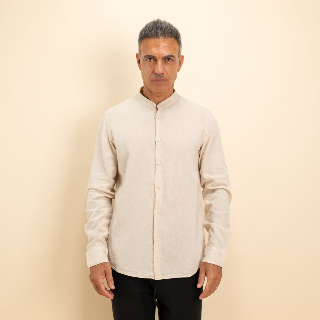 Camicia coreana in misto lino - Beige