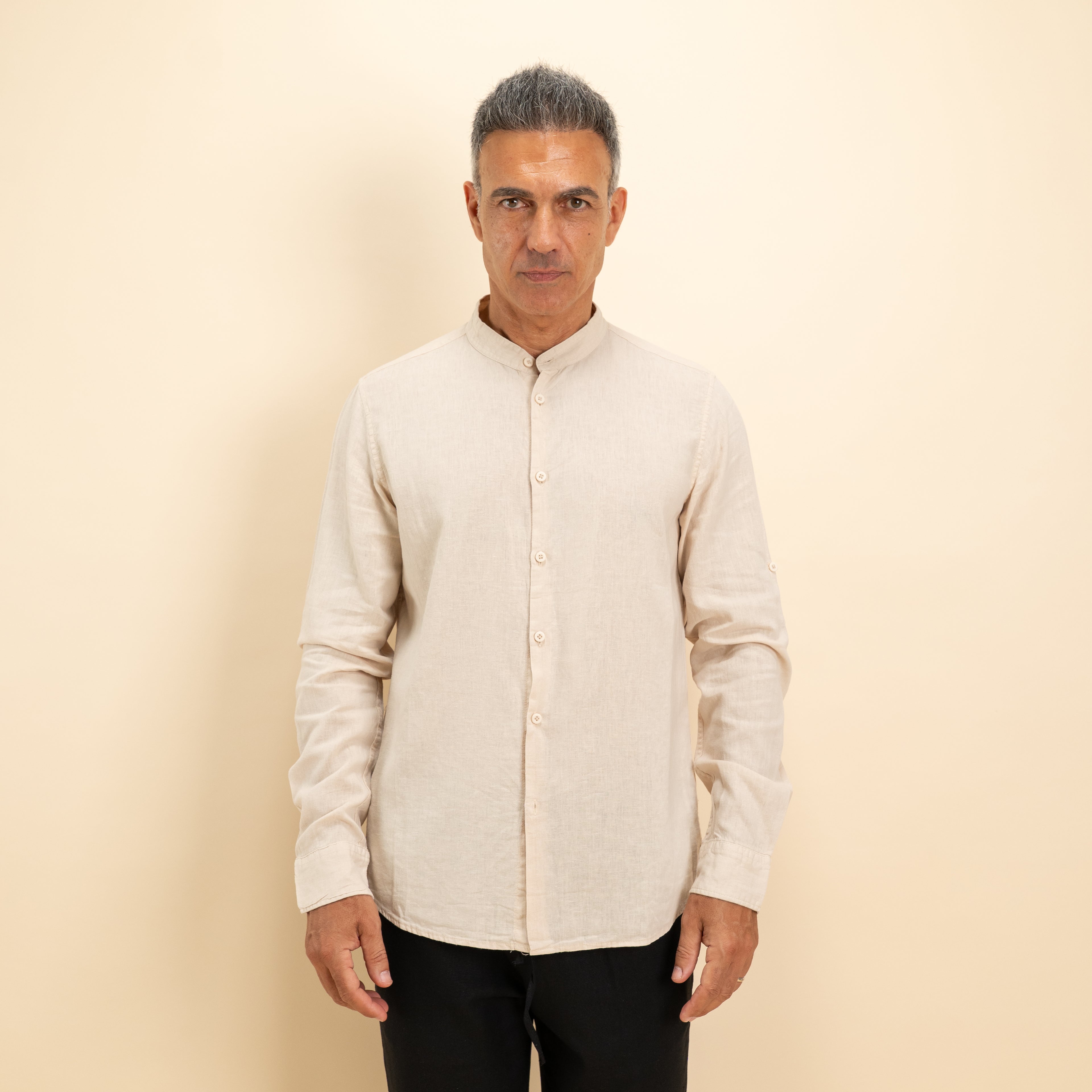 Camicia coreana in misto lino - Beige