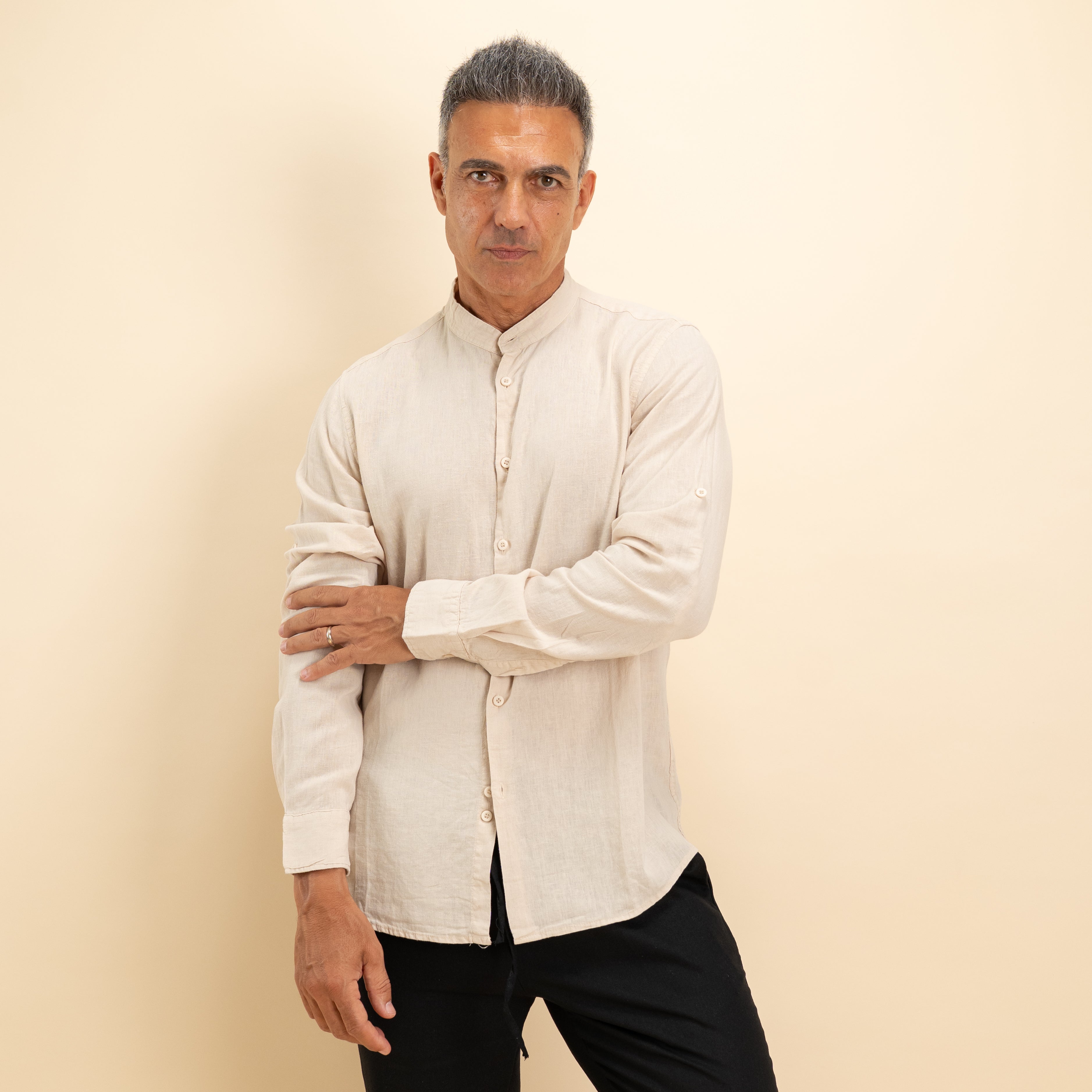 Camicia coreana in misto lino - Beige