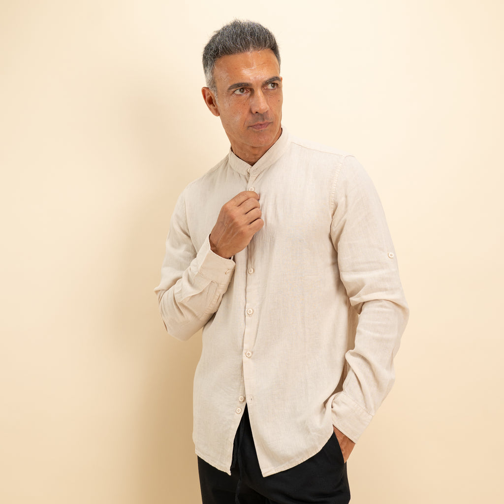 Camicia coreana in misto lino - Beige