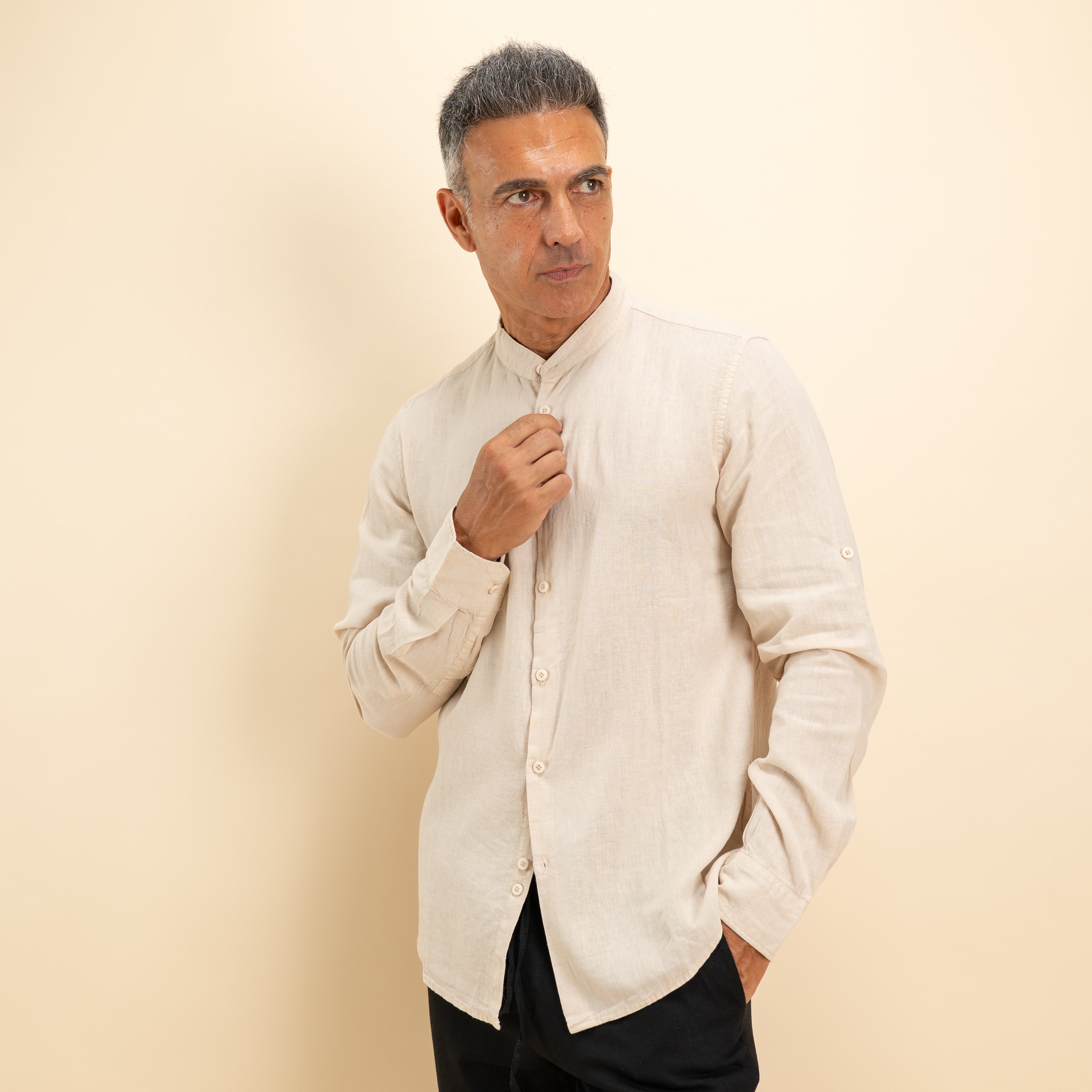 Camicia coreana in misto lino - Beige