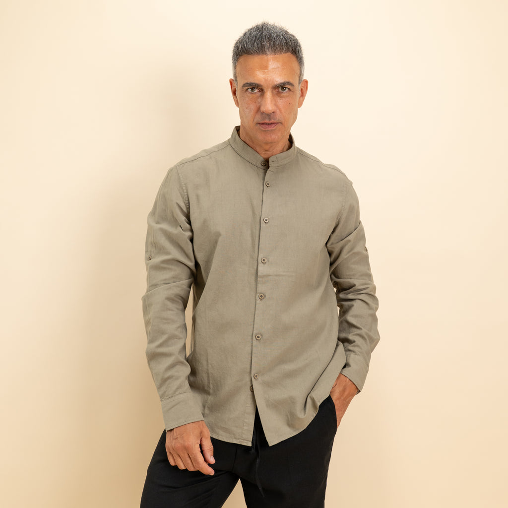 Camicia coreana in misto lino - Verde