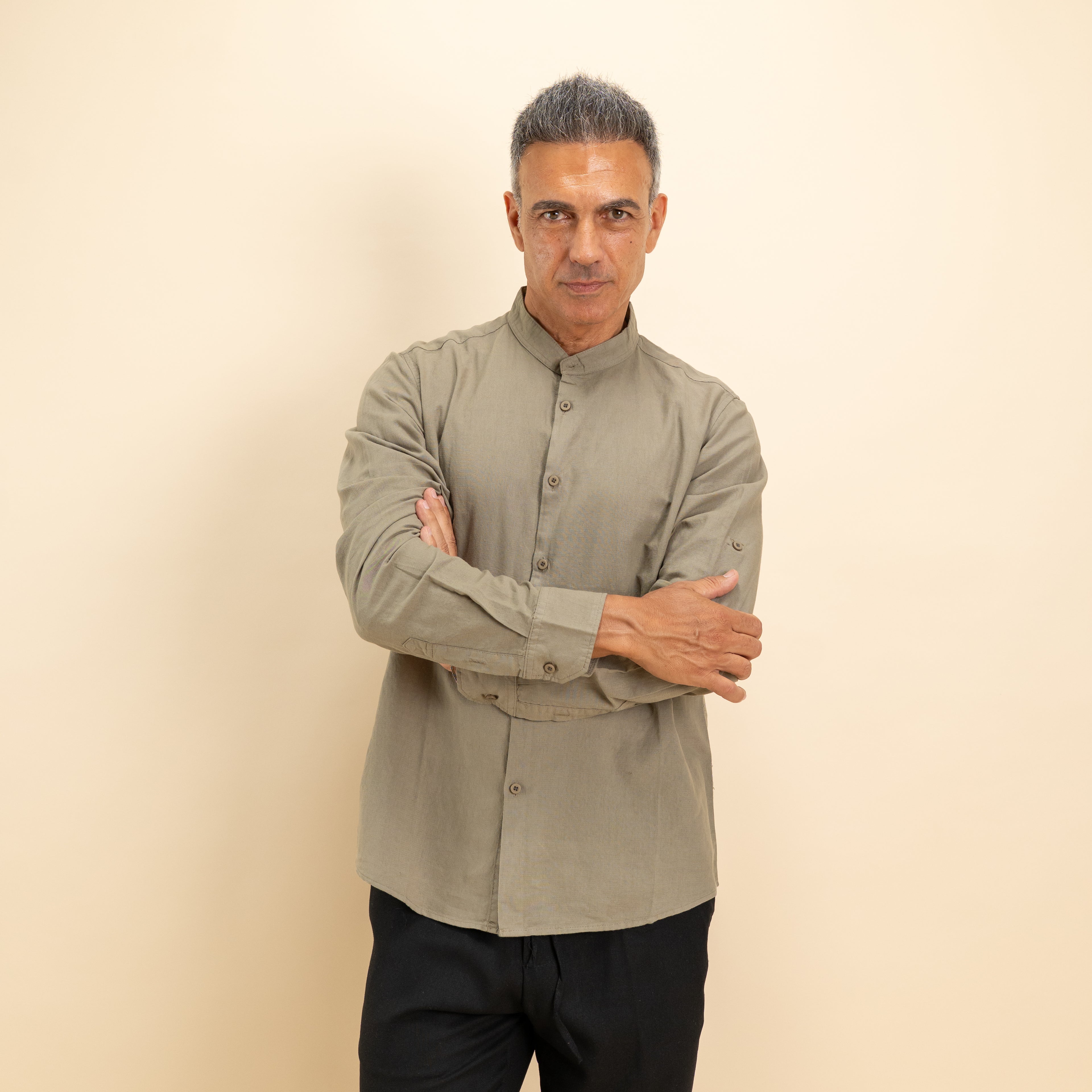 Camicia coreana in misto lino - Verde