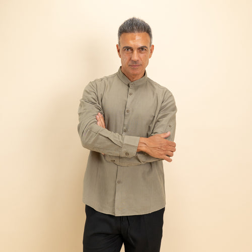 Camicia coreana in misto lino - Verde