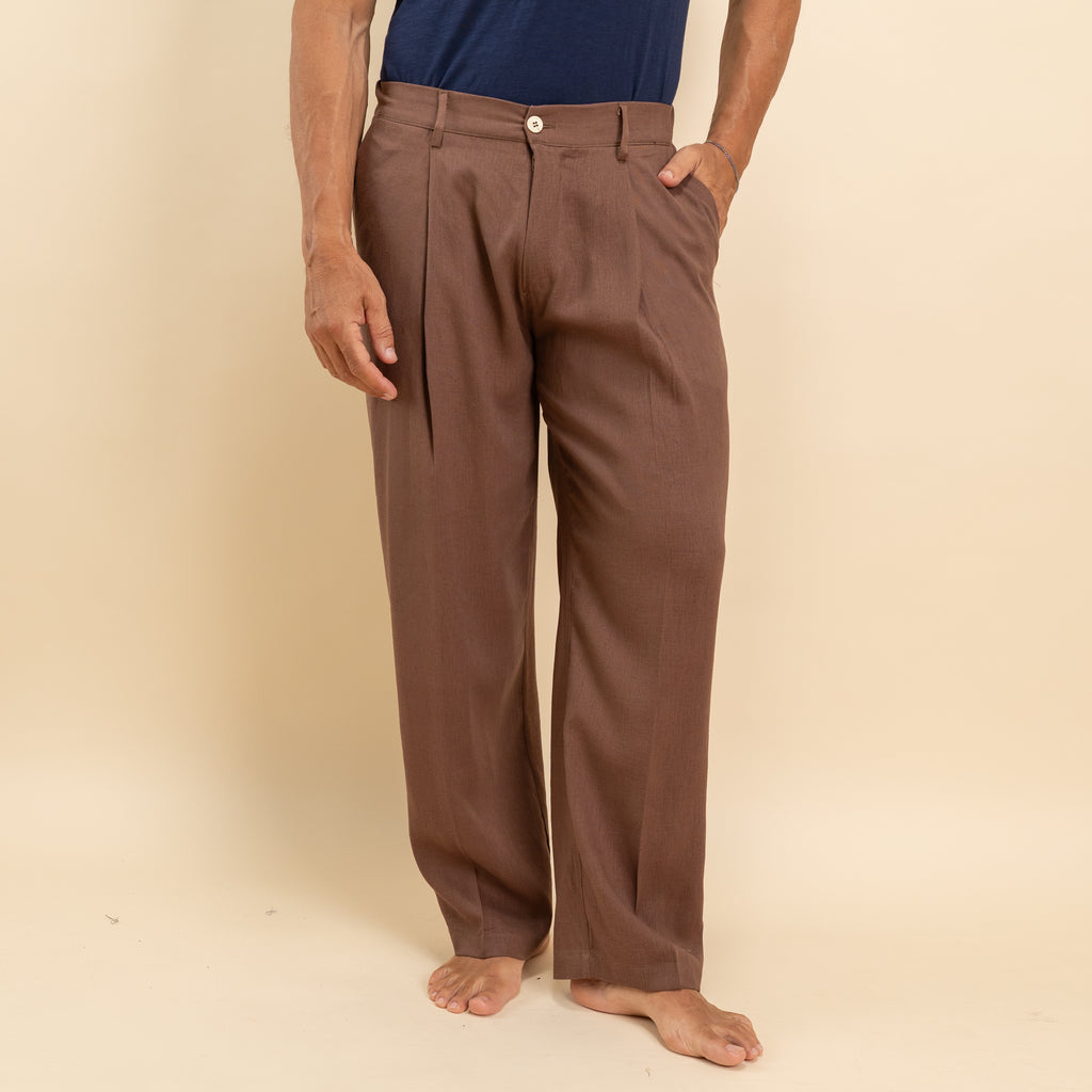 Pantalone palazzo con molla sul retro in misto lino - Moro