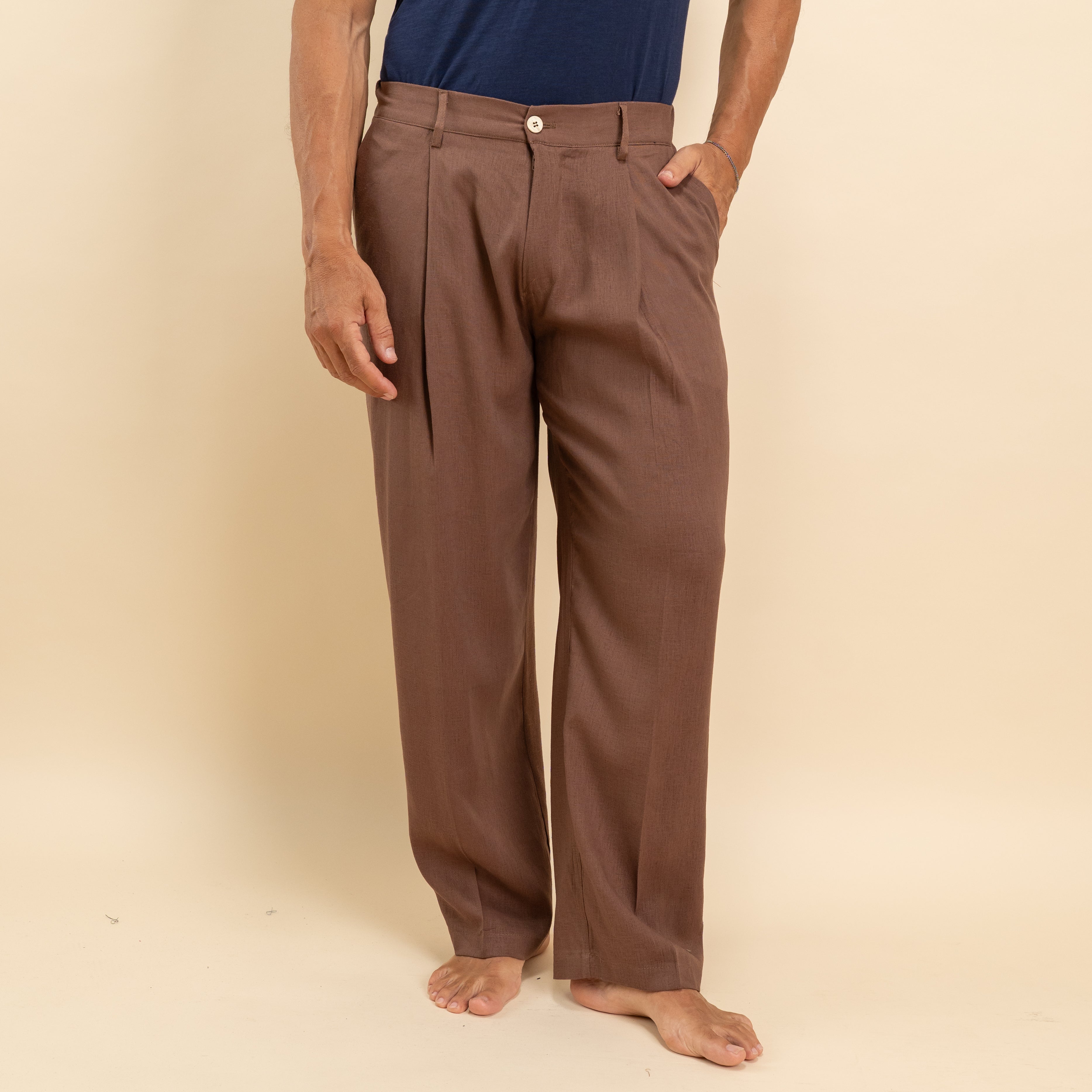 Pantalone palazzo con molla sul retro in misto lino - Moro