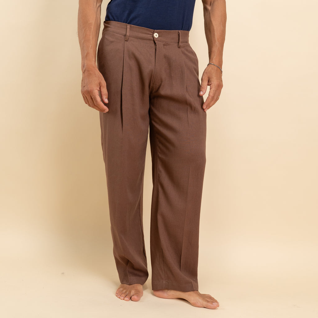 Pantalone palazzo con molla sul retro in misto lino - Moro
