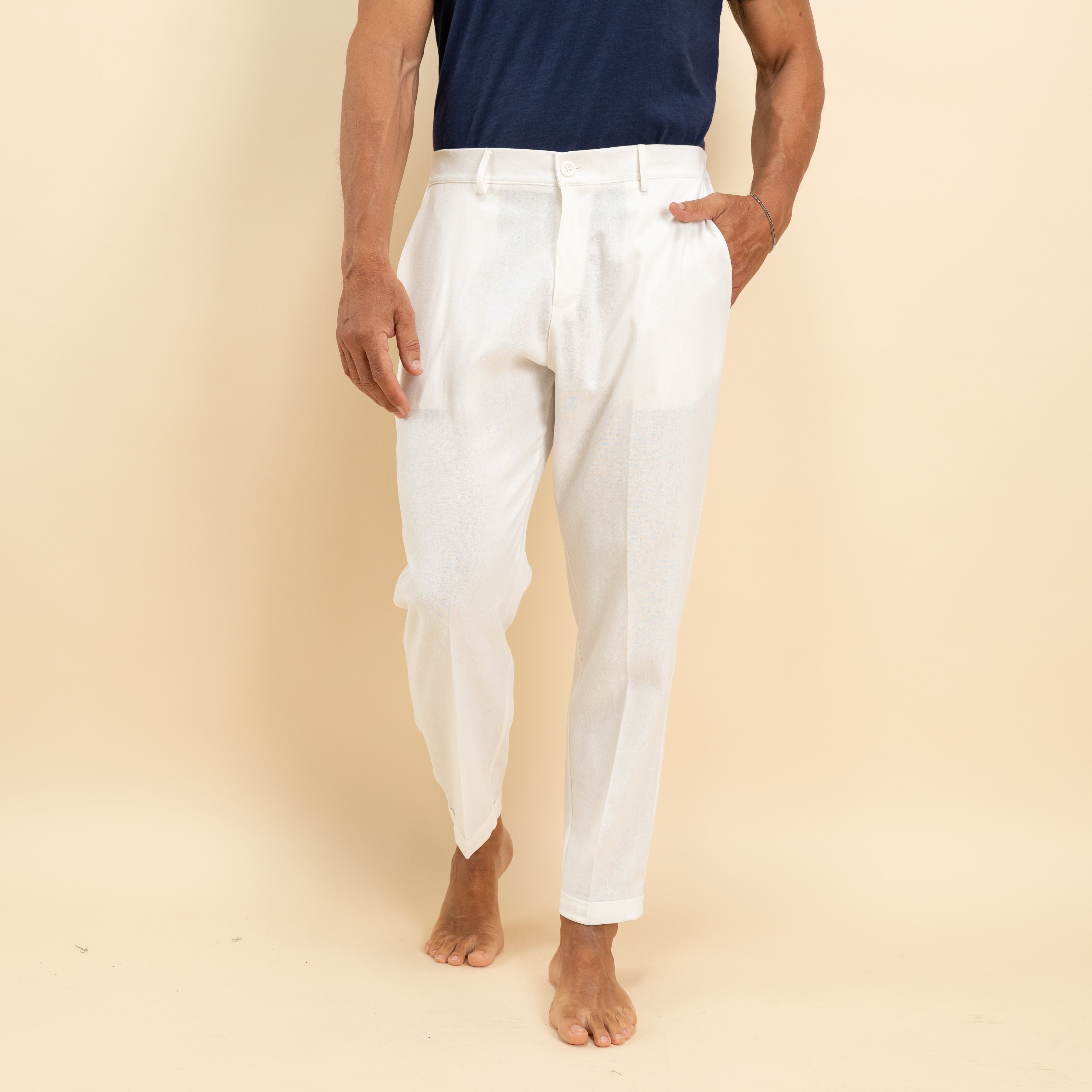 Pantalone in misto lino con pieghino - Bianco