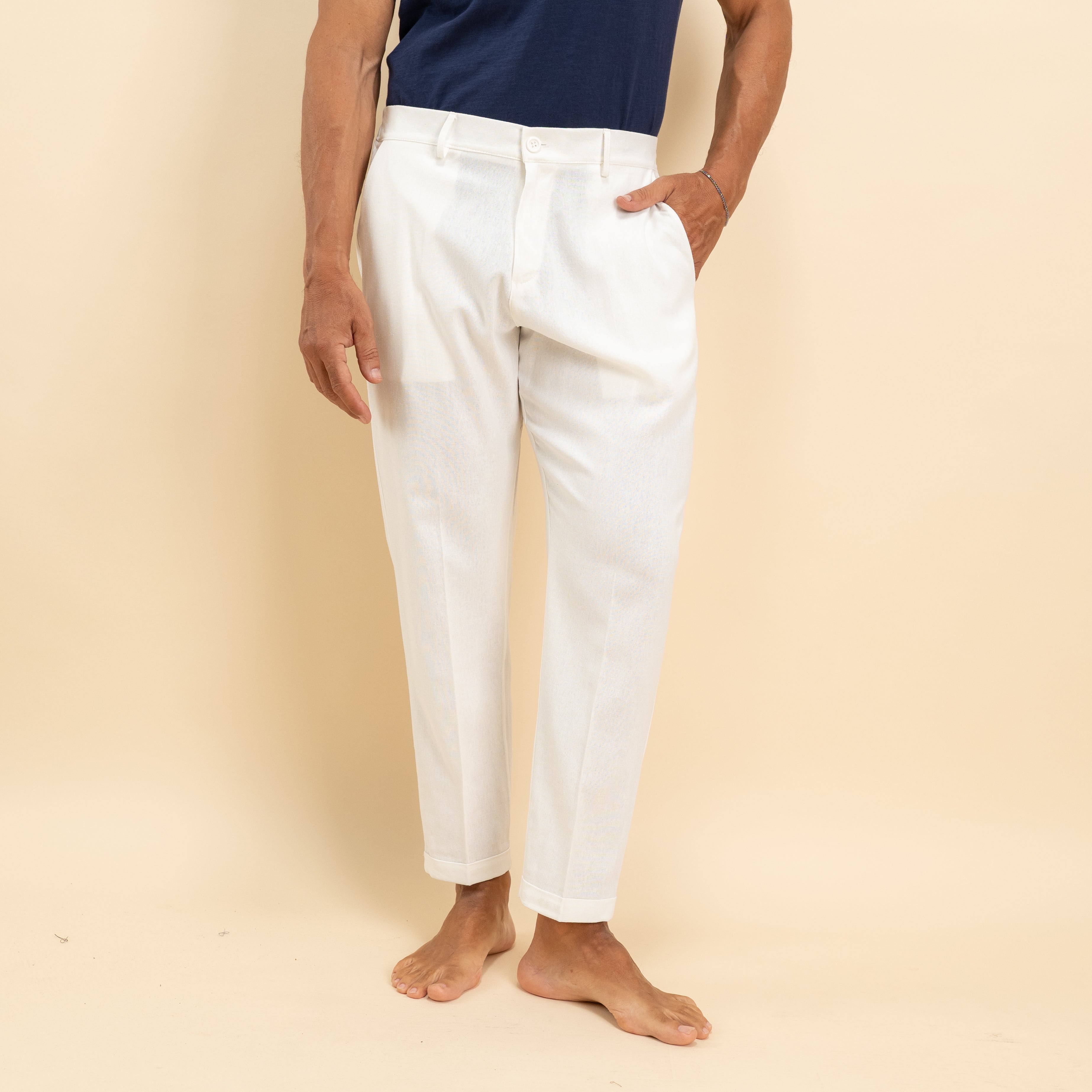 Pantalone in misto lino con pieghino - Bianco