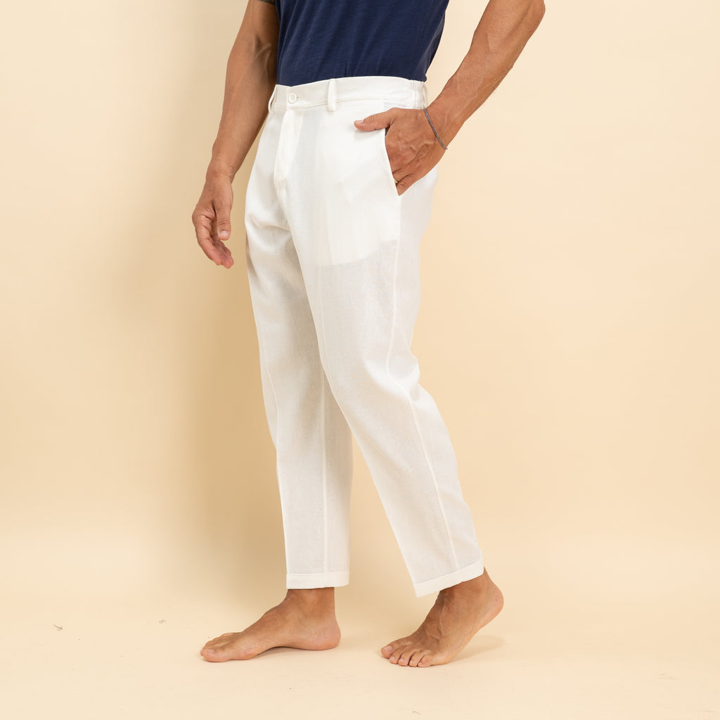 Pantalone in misto lino con pieghino - Bianco