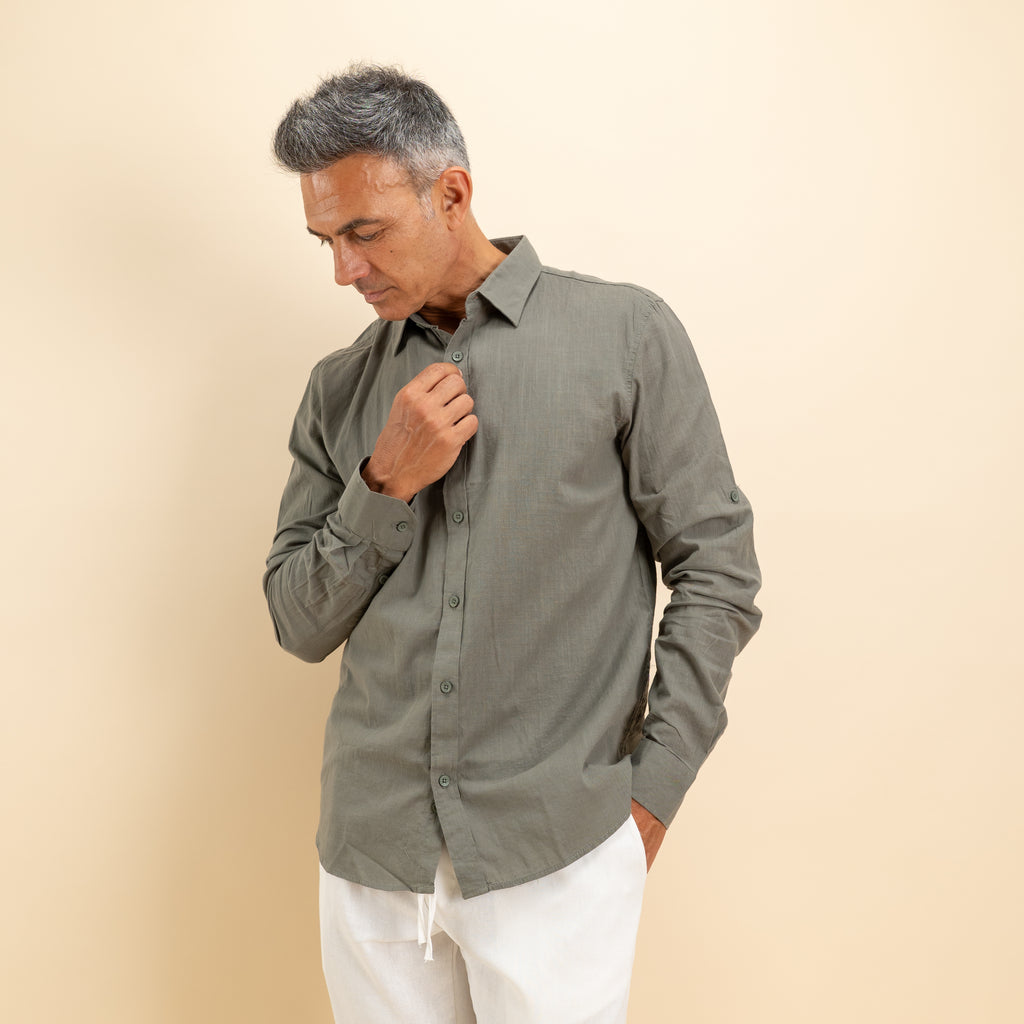 Camicia in misto lino - Verde militare