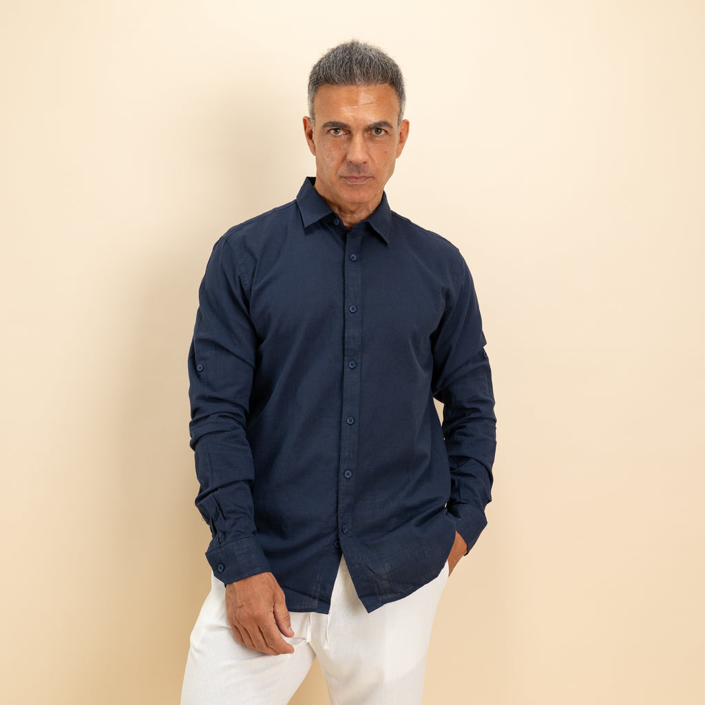 Camicia in misto lino - Blu