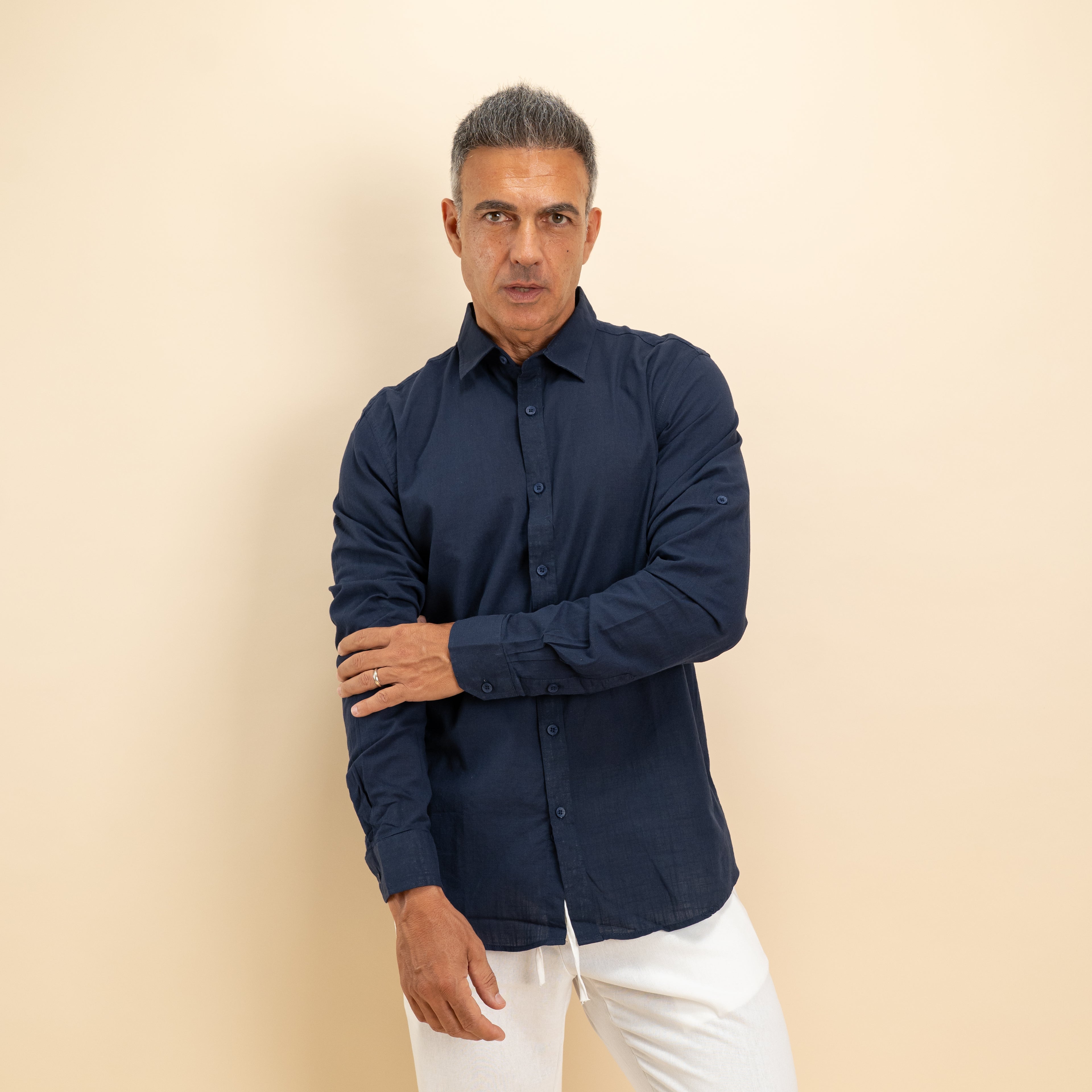 Camicia in misto lino - Blu