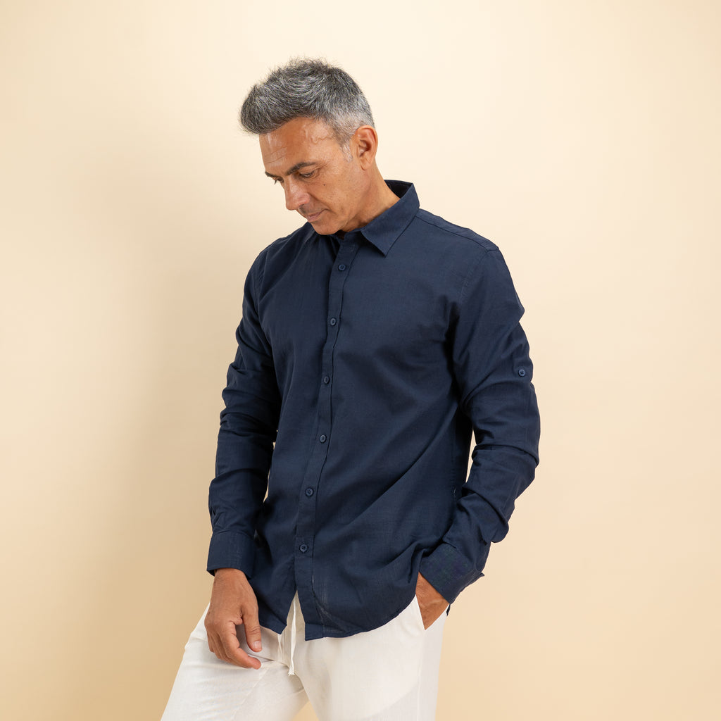 Camicia in misto lino - Blu