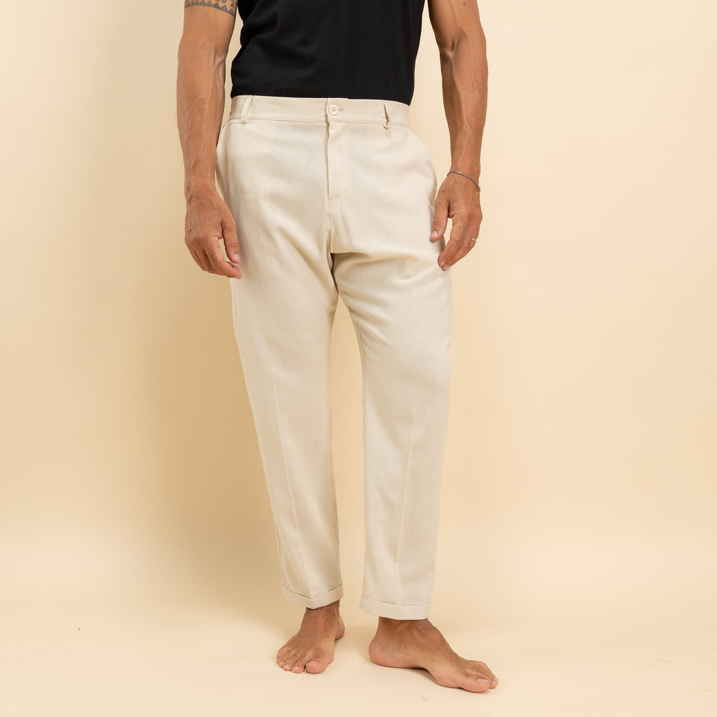 Pantalone in misto lino con pieghino - Beige