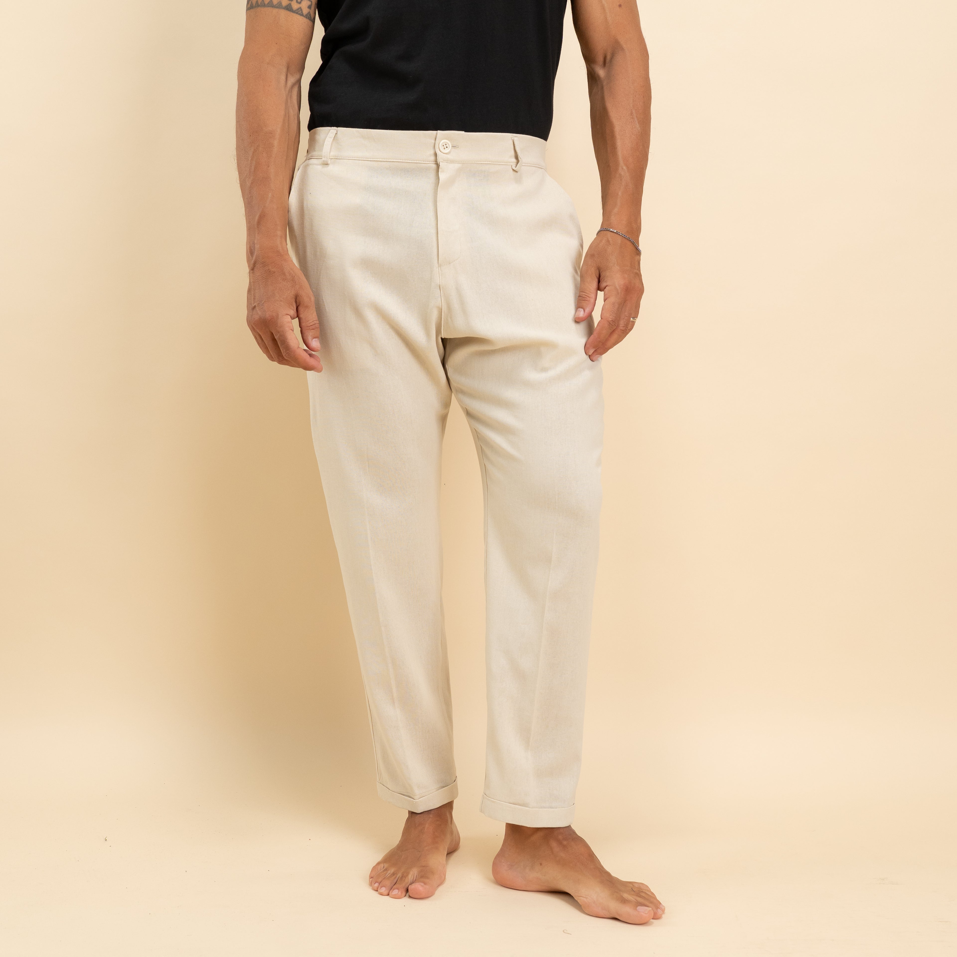 Pantalone in misto lino con pieghino - Beige