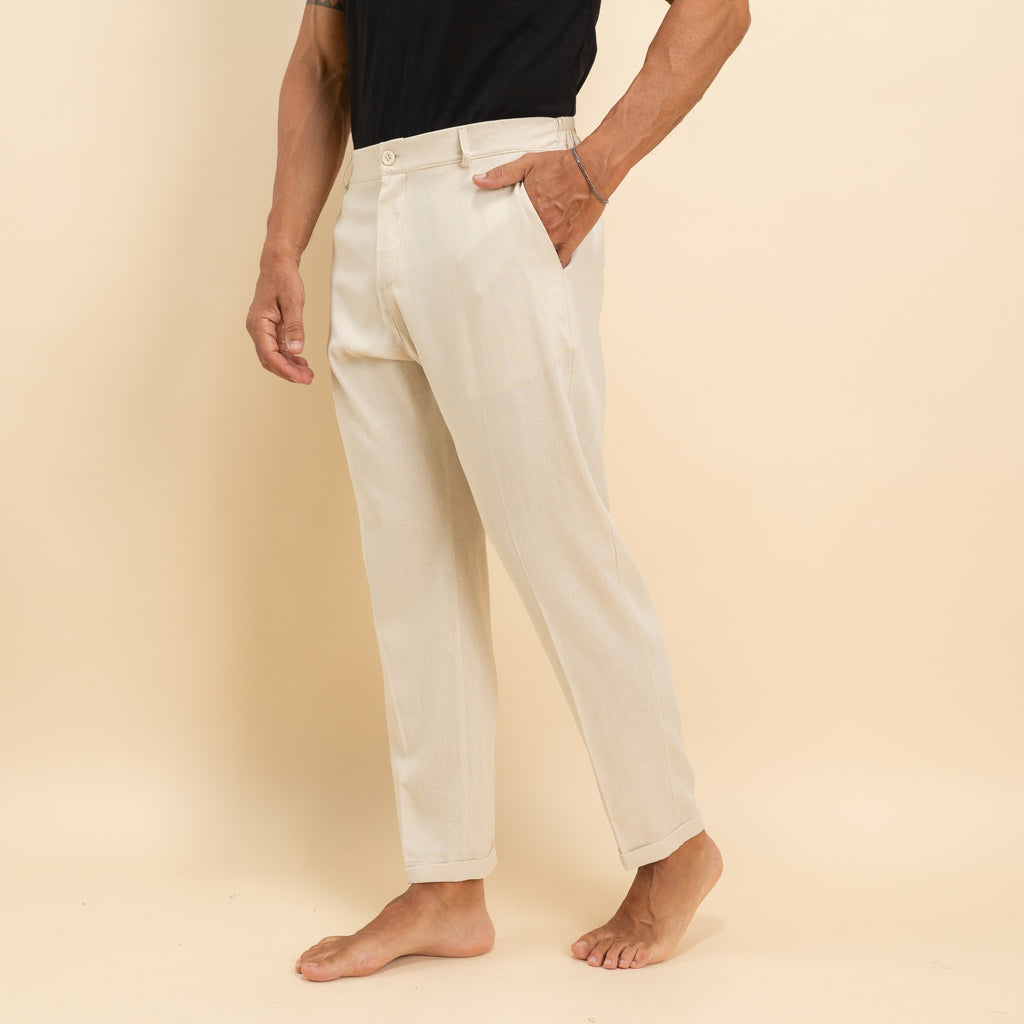 Pantalone in misto lino con pieghino - Beige