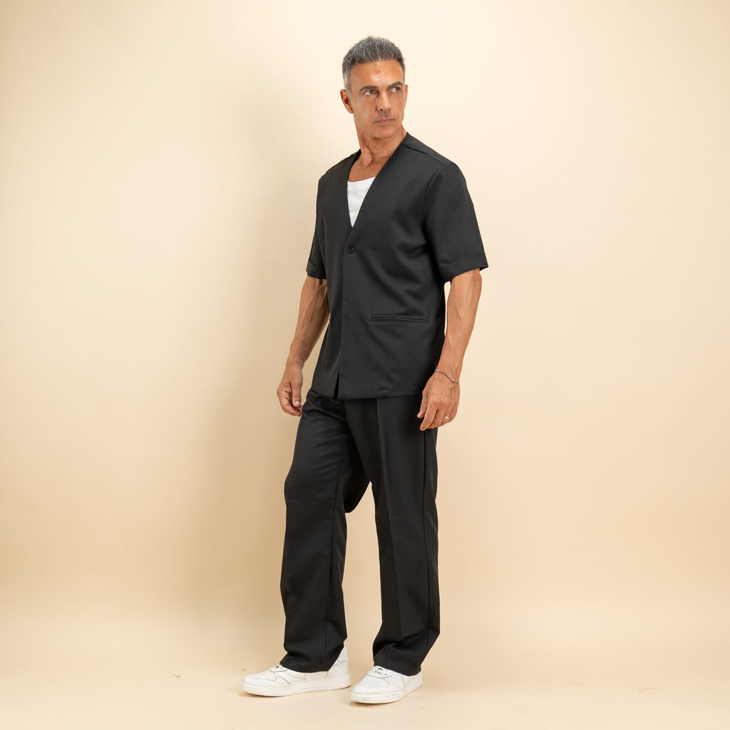 Coordinato camicia scollo a V e pantalone palazzo - Nero