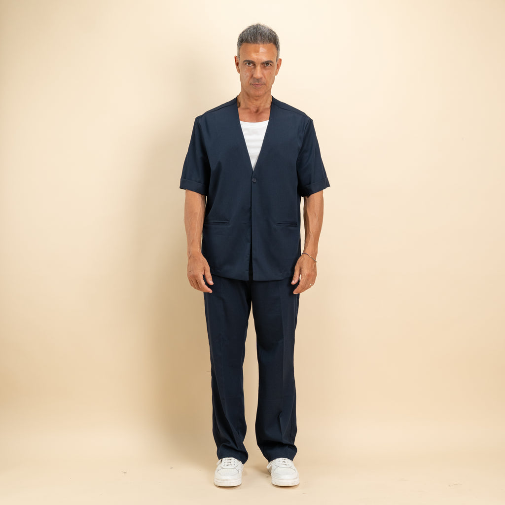Coordinato camicia scollo a V e pantalone palazzo - Blu