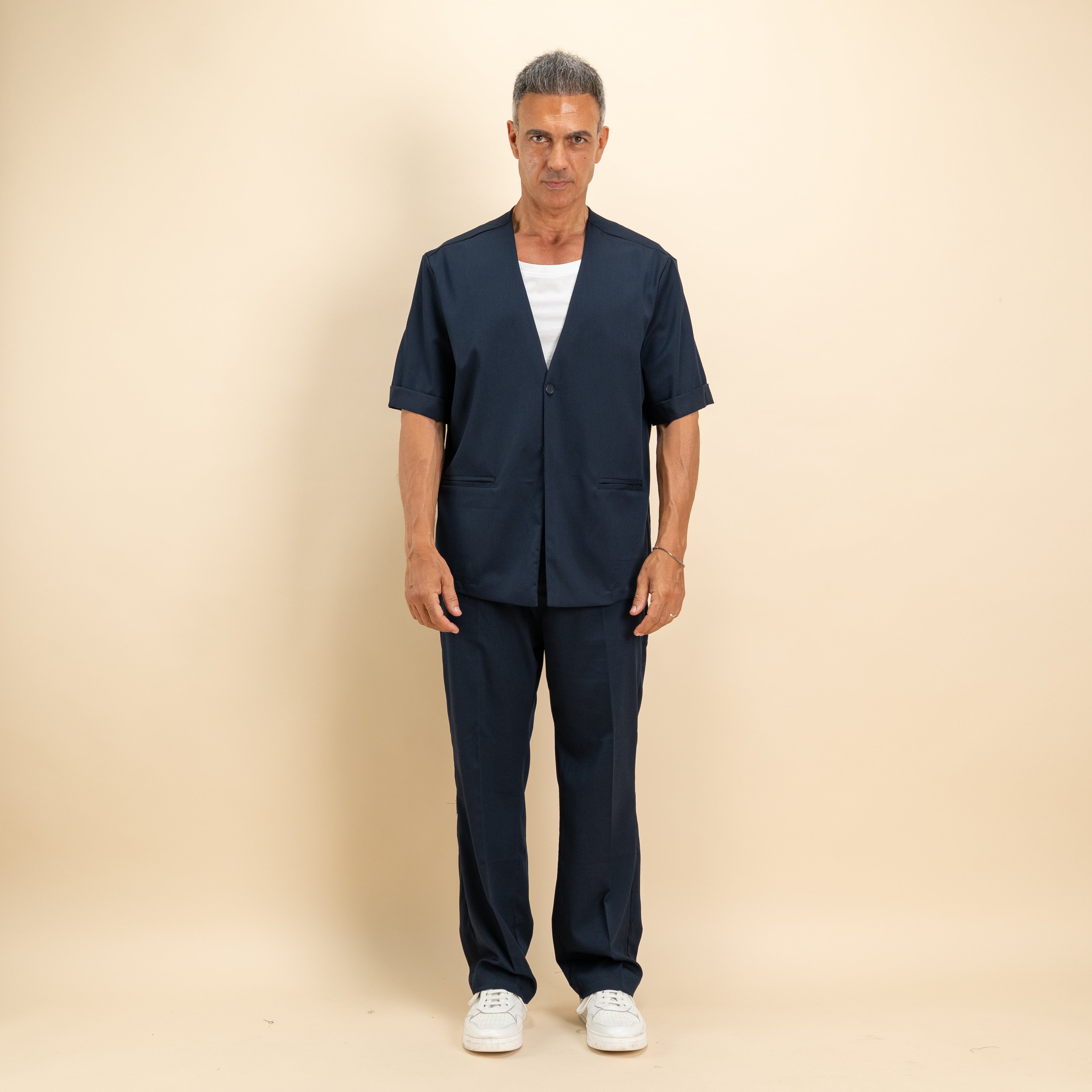 Coordinato camicia scollo a V e pantalone palazzo - Blu