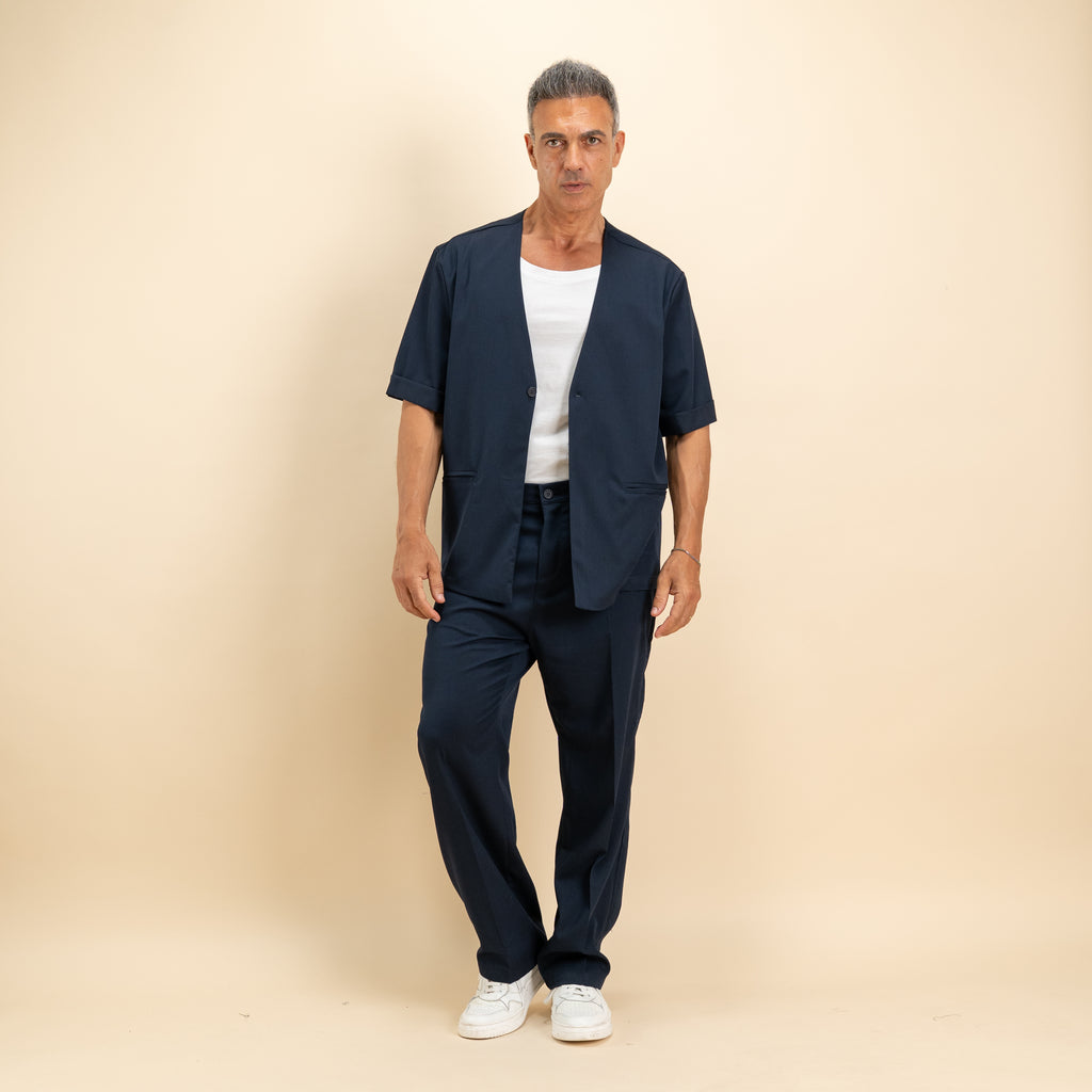Coordinato camicia scollo a V e pantalone palazzo - Blu