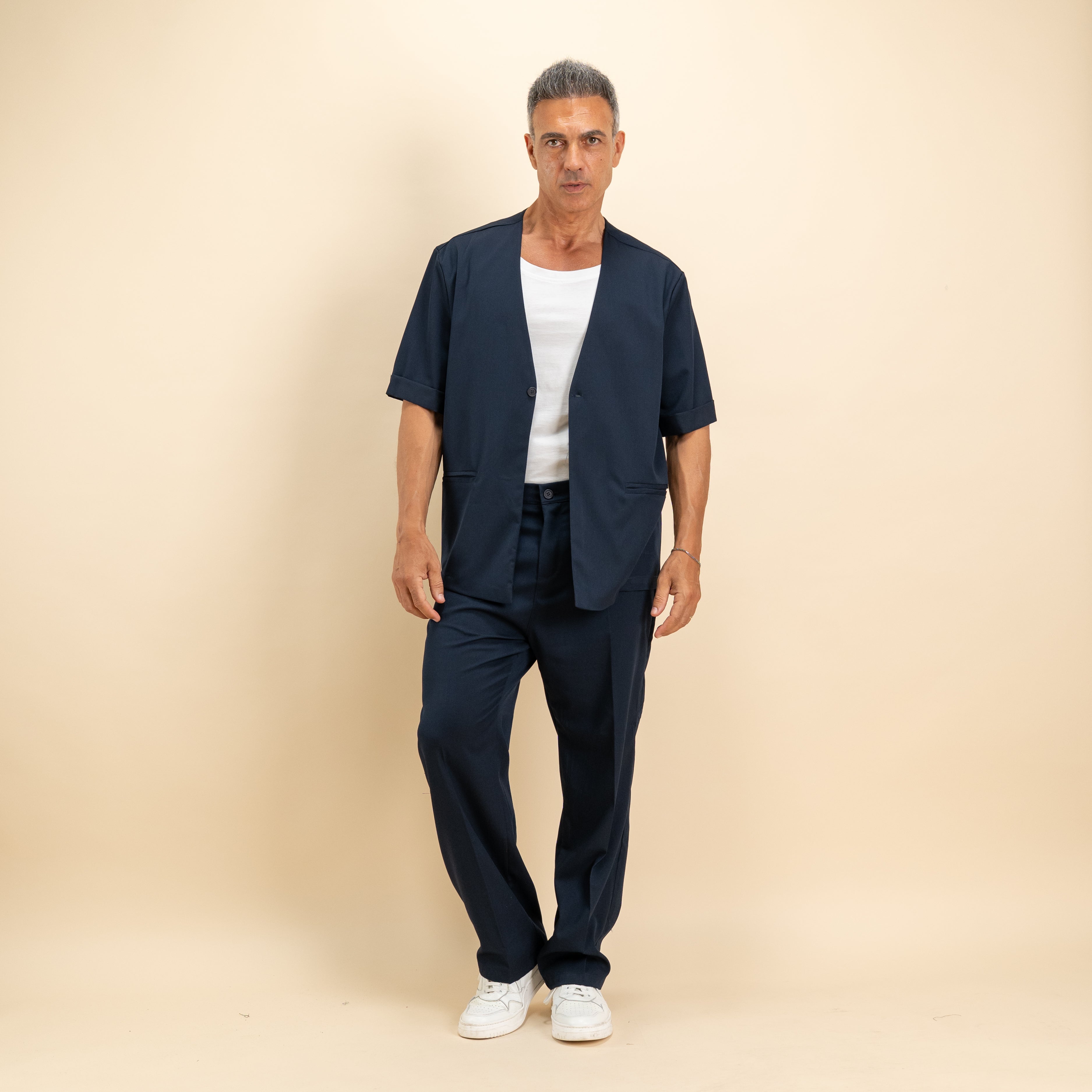 Coordinato camicia scollo a V e pantalone palazzo - Blu