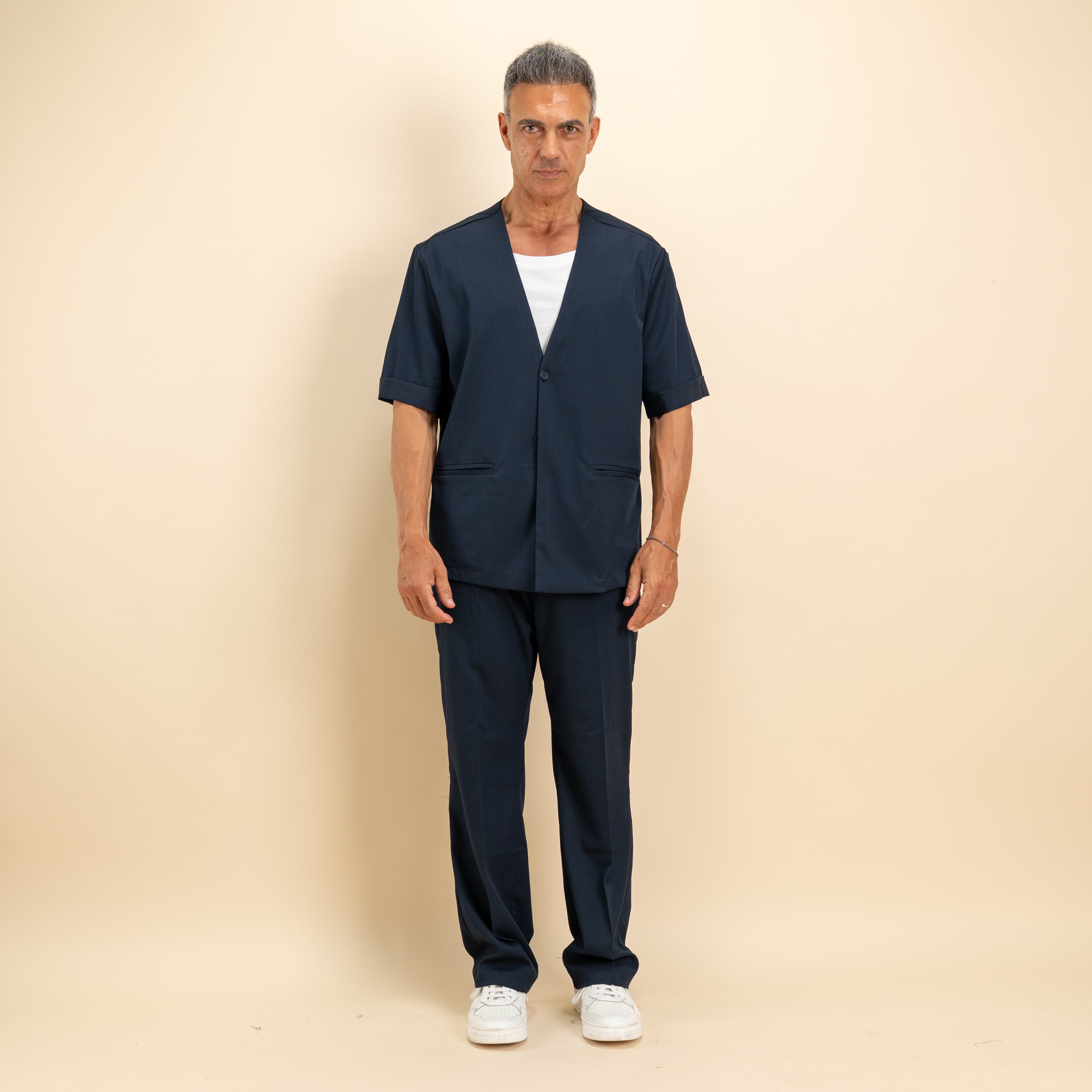 Coordinato camicia scollo a V e pantalone palazzo - Blu