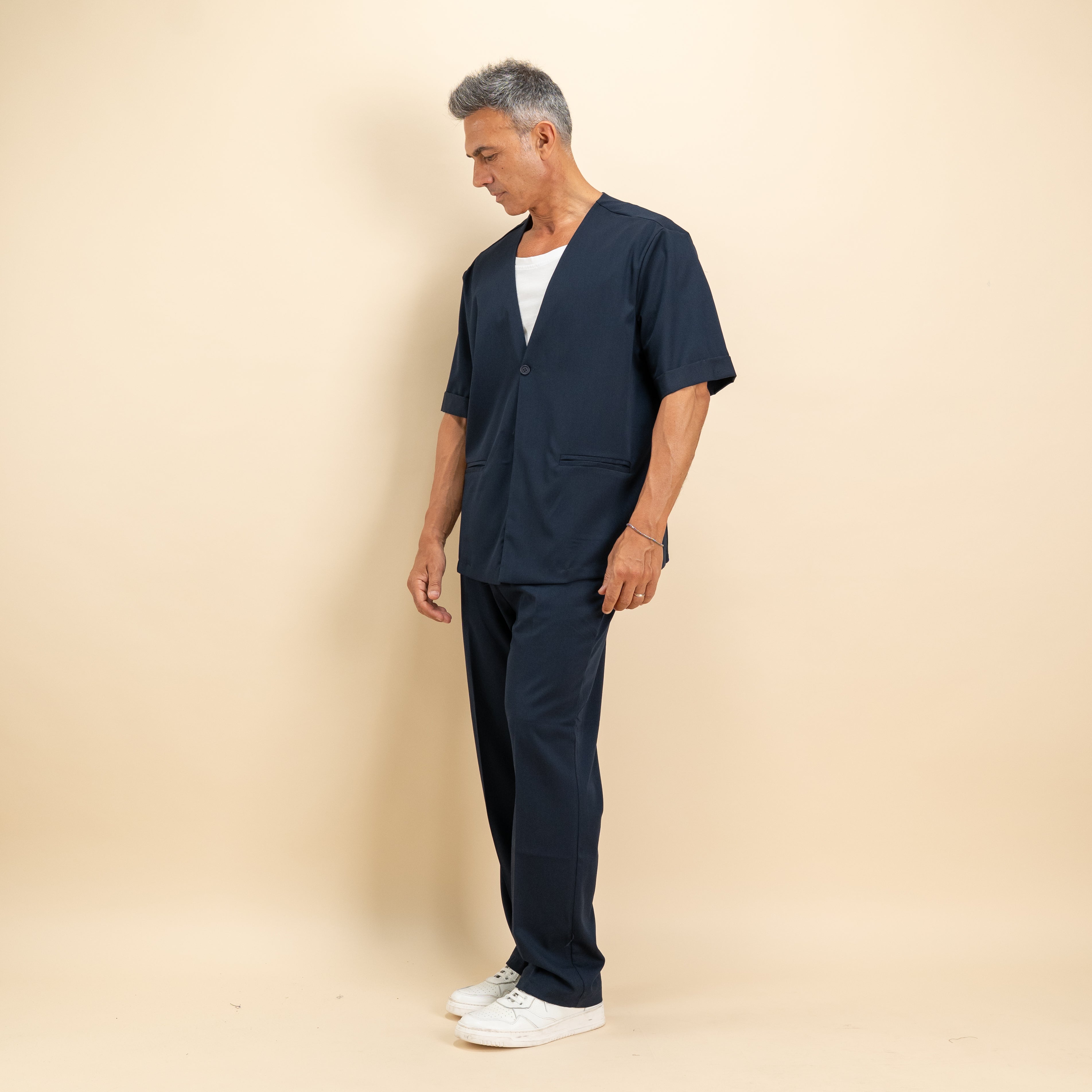 Coordinato camicia scollo a V e pantalone palazzo - Blu