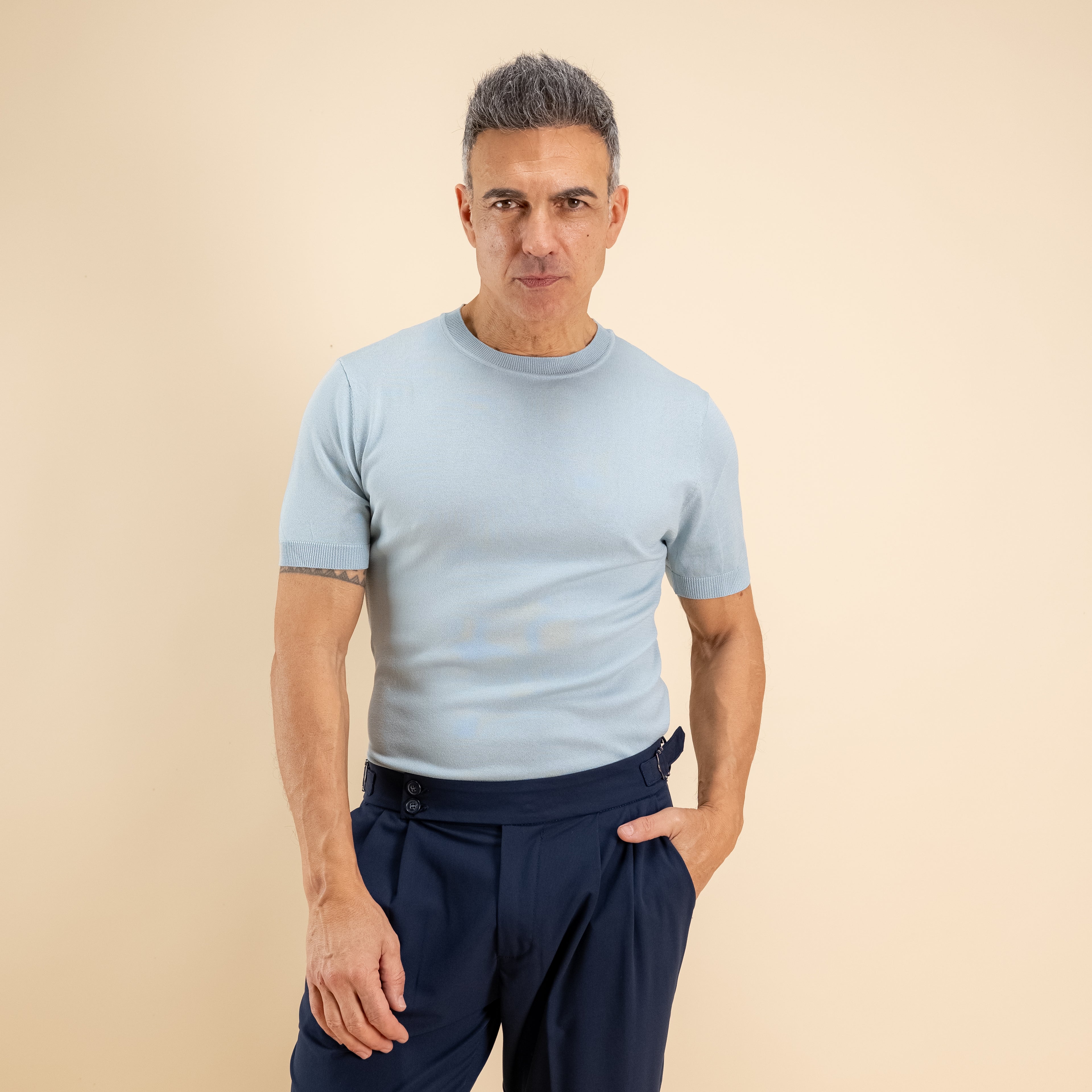 T-shirt in filo maglia - Cielo