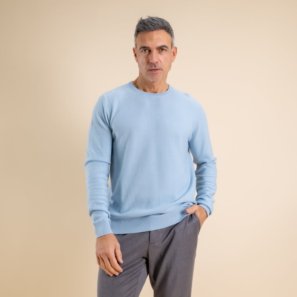 100% Piquet Cotton Crew Neck Sweater - Light Blue