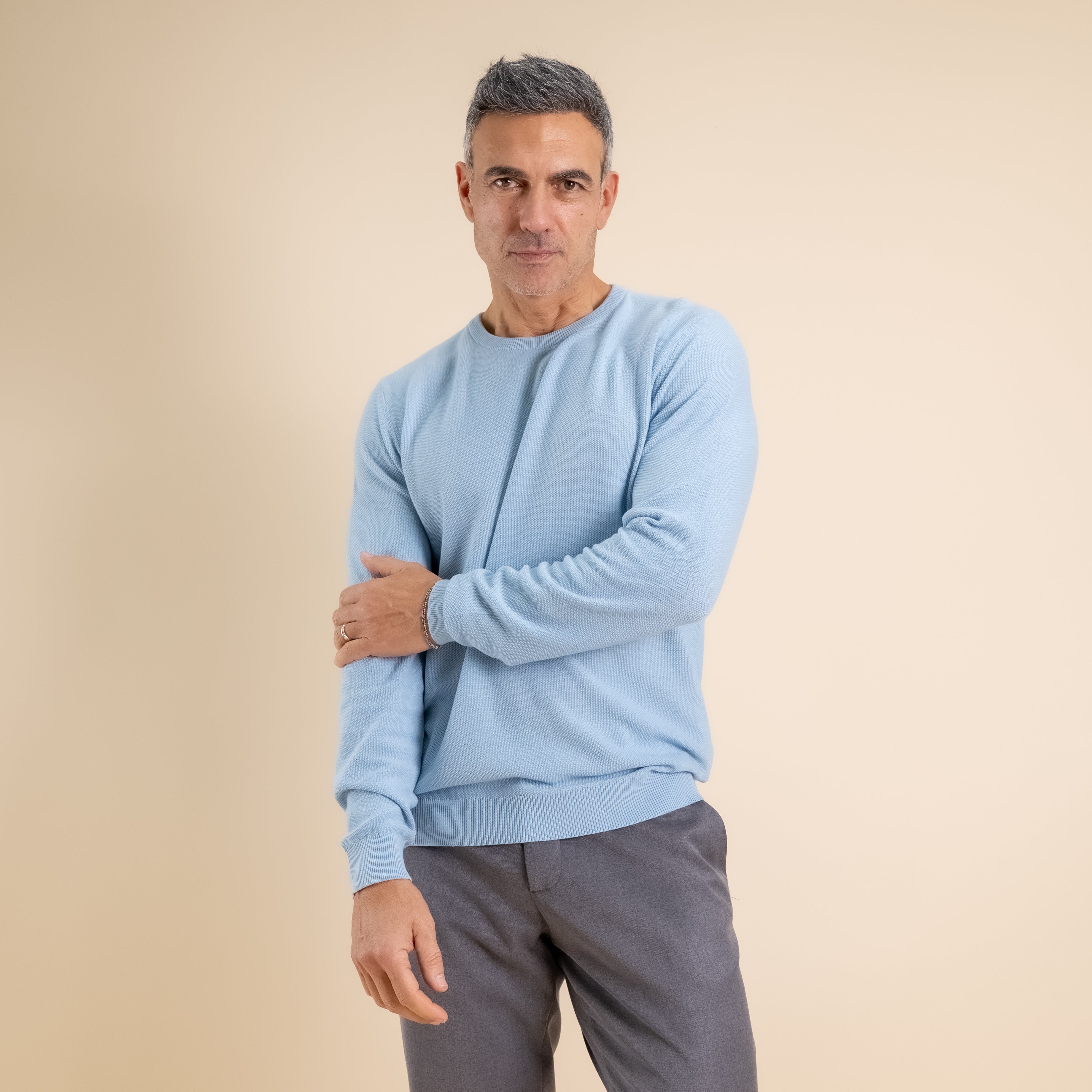 100% Piquet Cotton Crew Neck Sweater - Light Blue