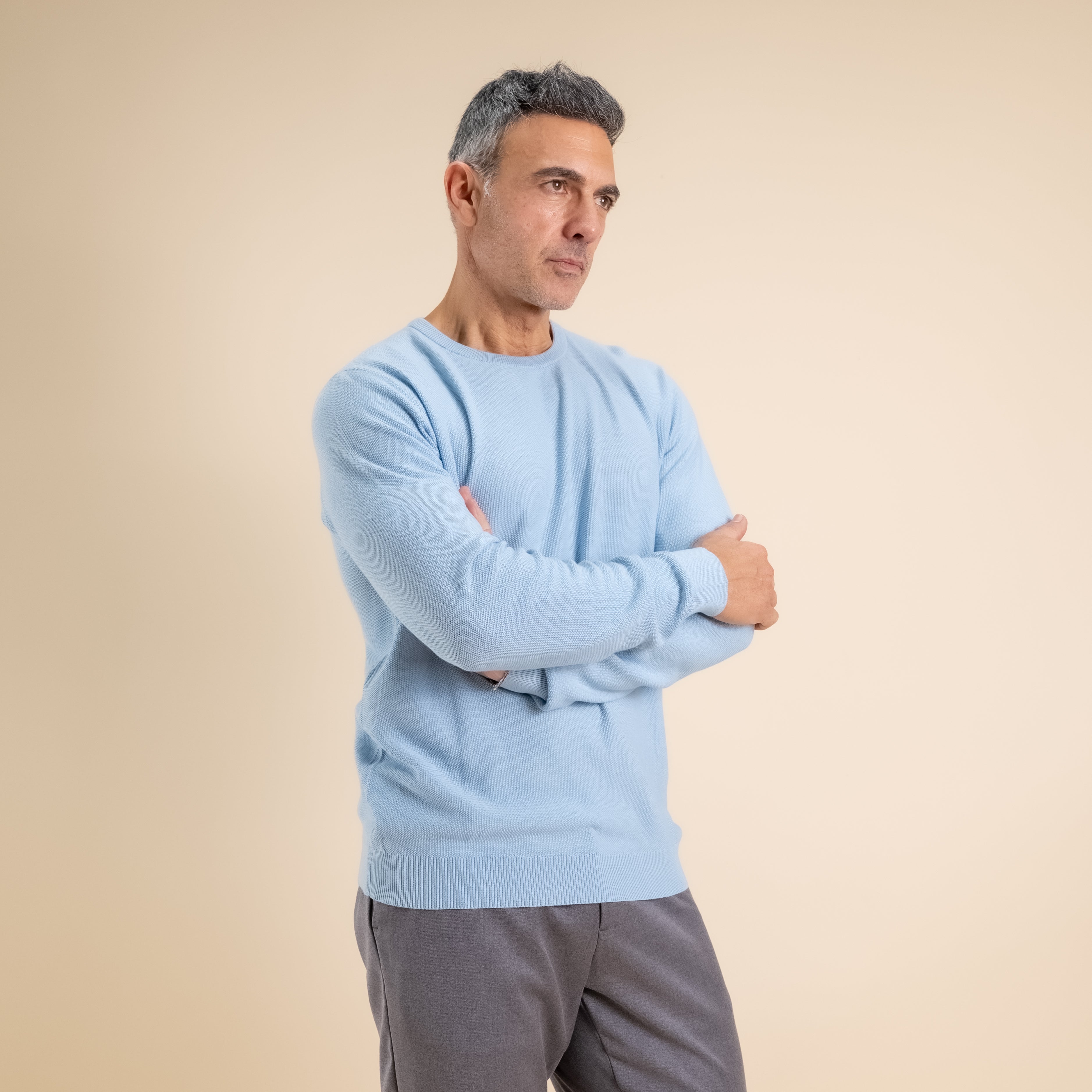 100% Piquet Cotton Crew Neck Sweater - Light Blue