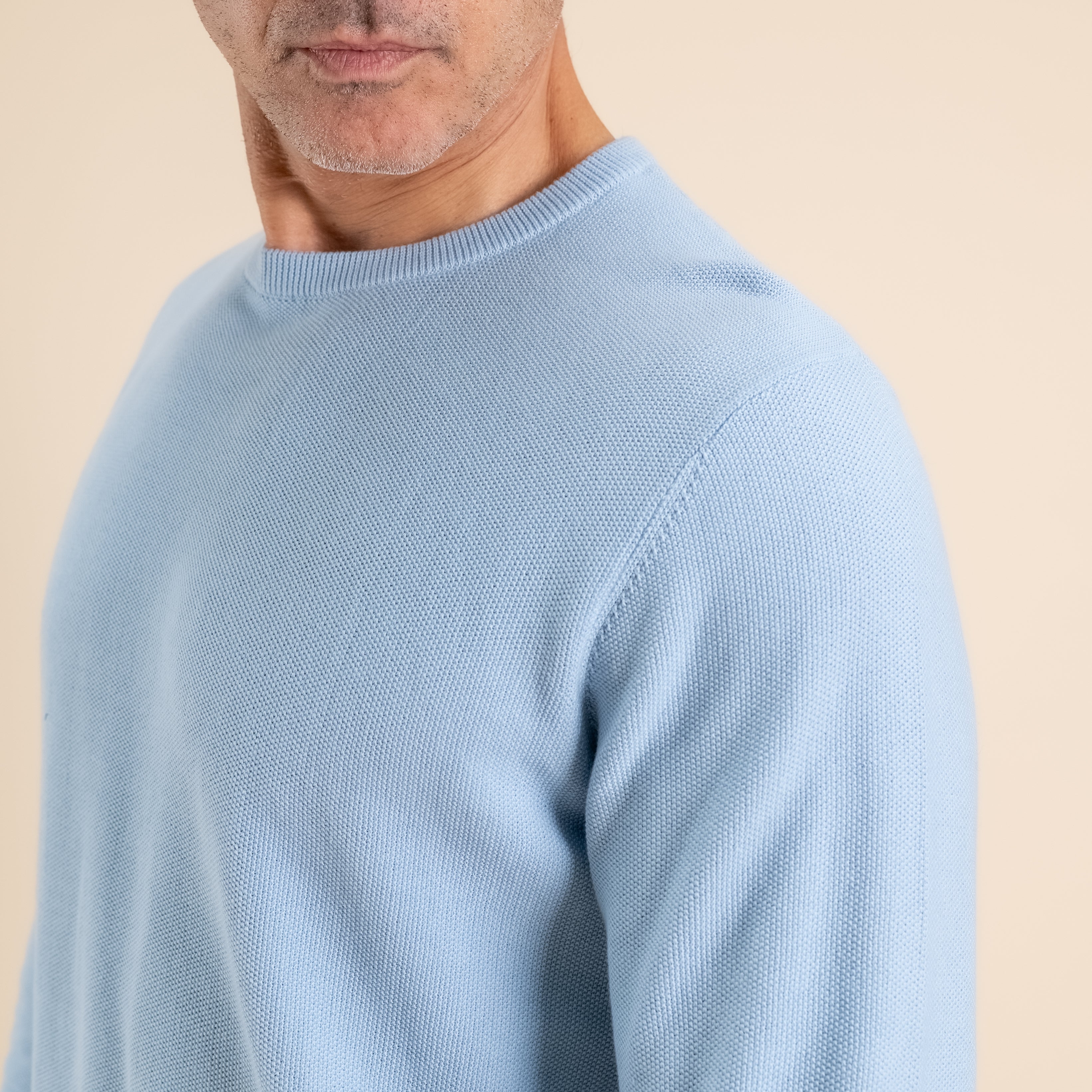 100% Piquet Cotton Crew Neck Sweater - Light Blue