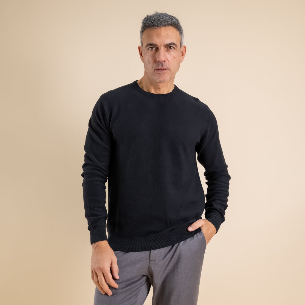 100% Piquet Cotton Crew Neck Sweater - Black