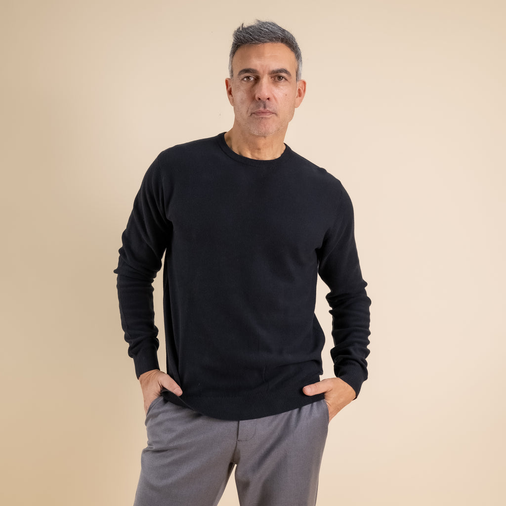 100% Piquet Cotton Crew Neck Sweater - Black