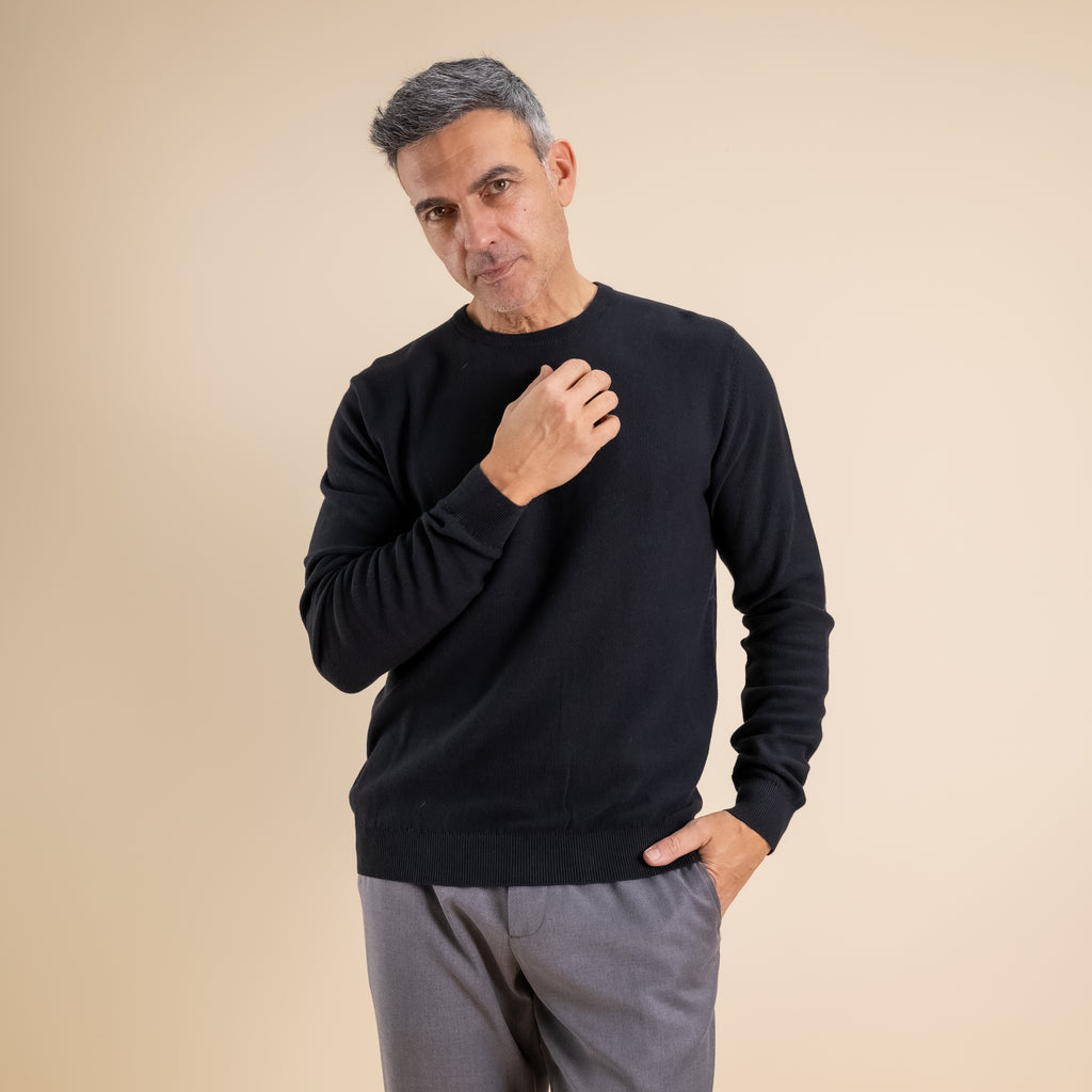 100% Piquet Cotton Crew Neck Sweater - Black