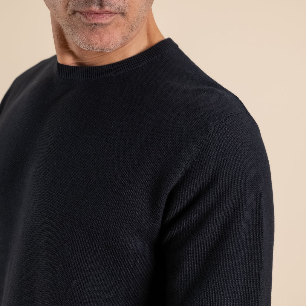 100% Piquet Cotton Crew Neck Sweater - Black