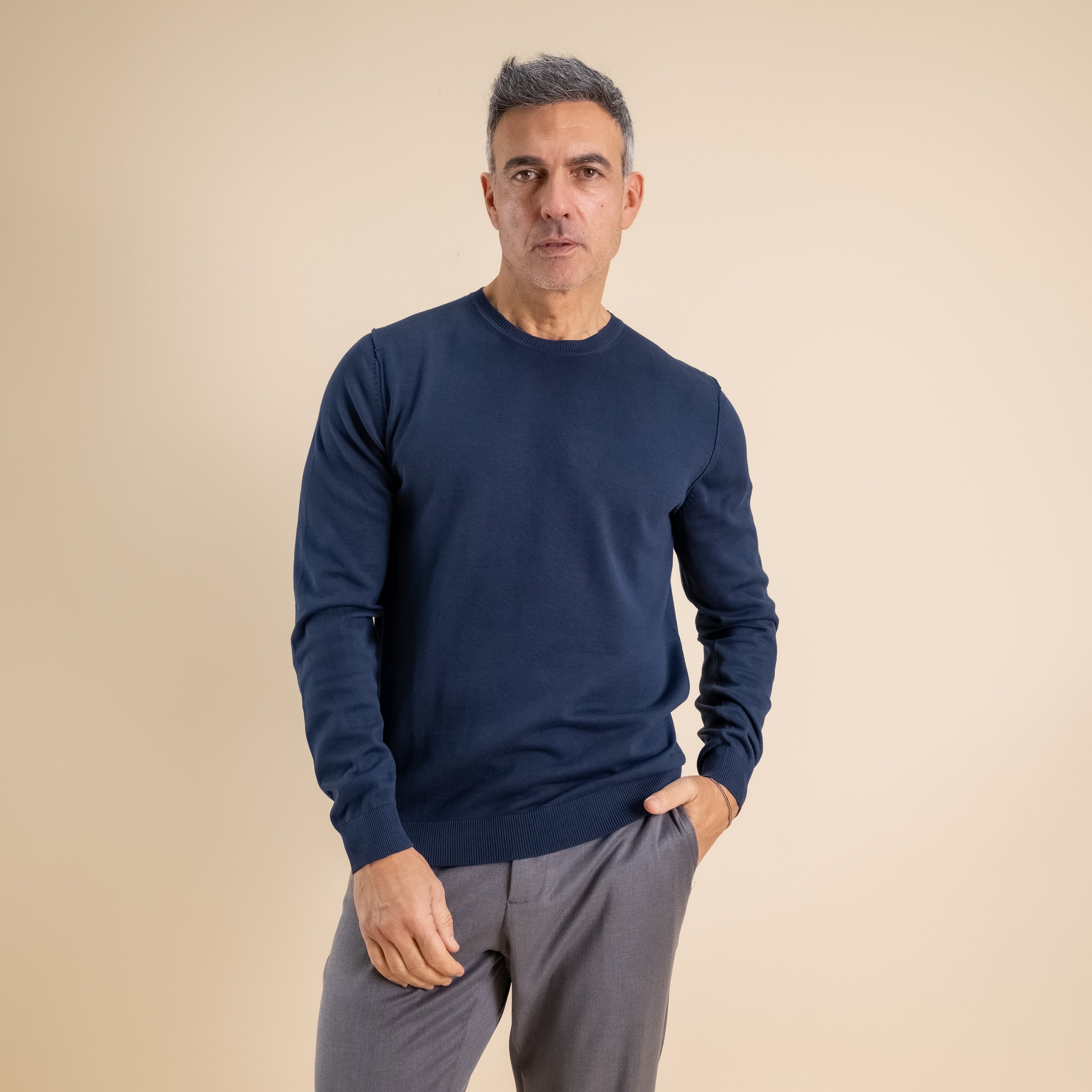 Suéter de cuello redondo 100 % algodón - Azul marino