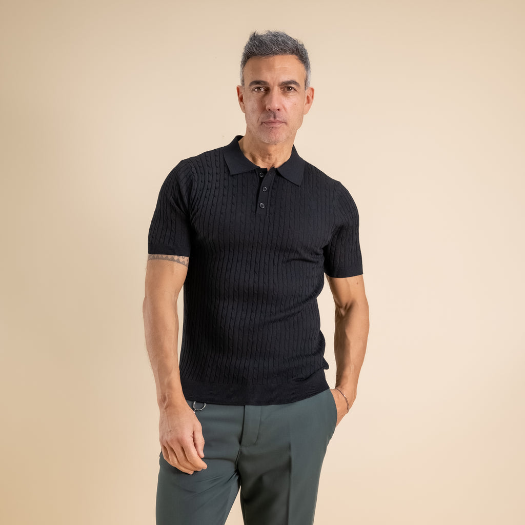 Polo de punto trenzado de tres botones - Negro