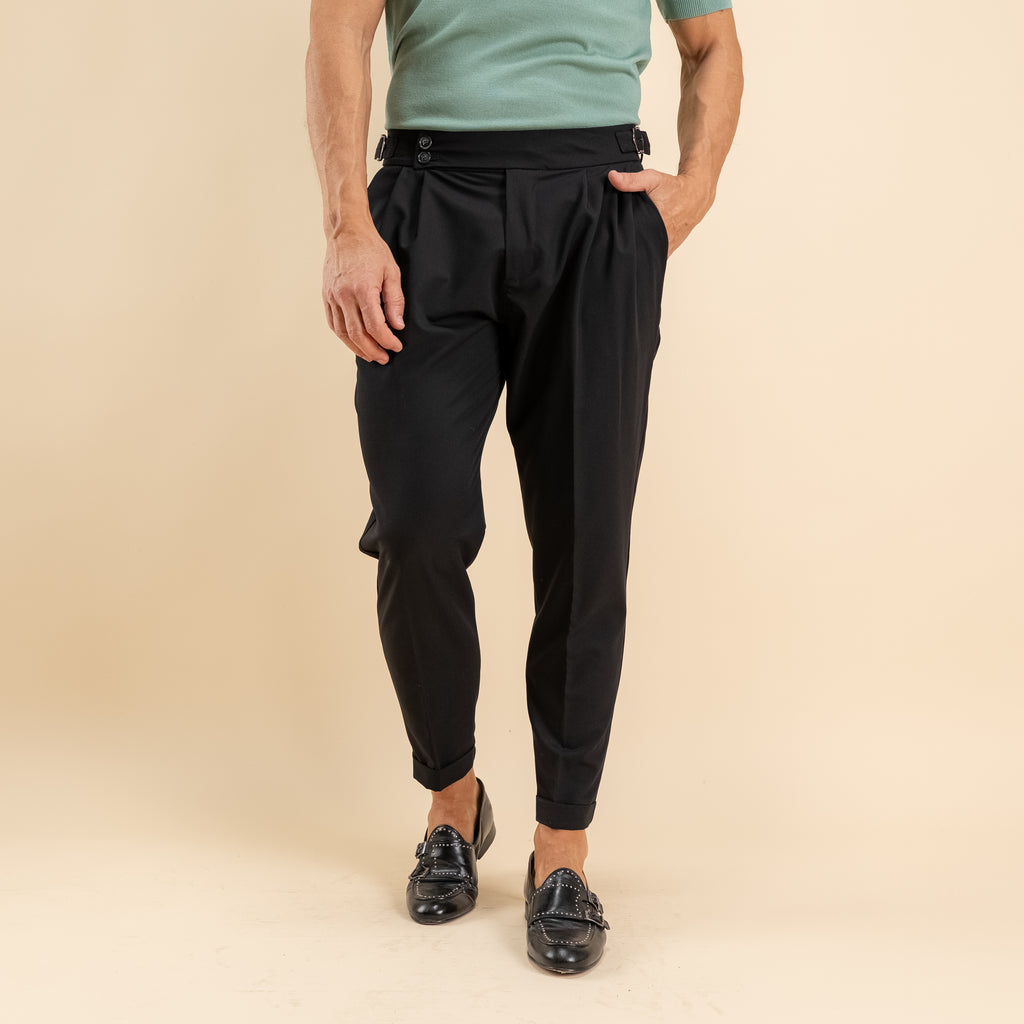 Trousers with corset waist and side buckle - Black