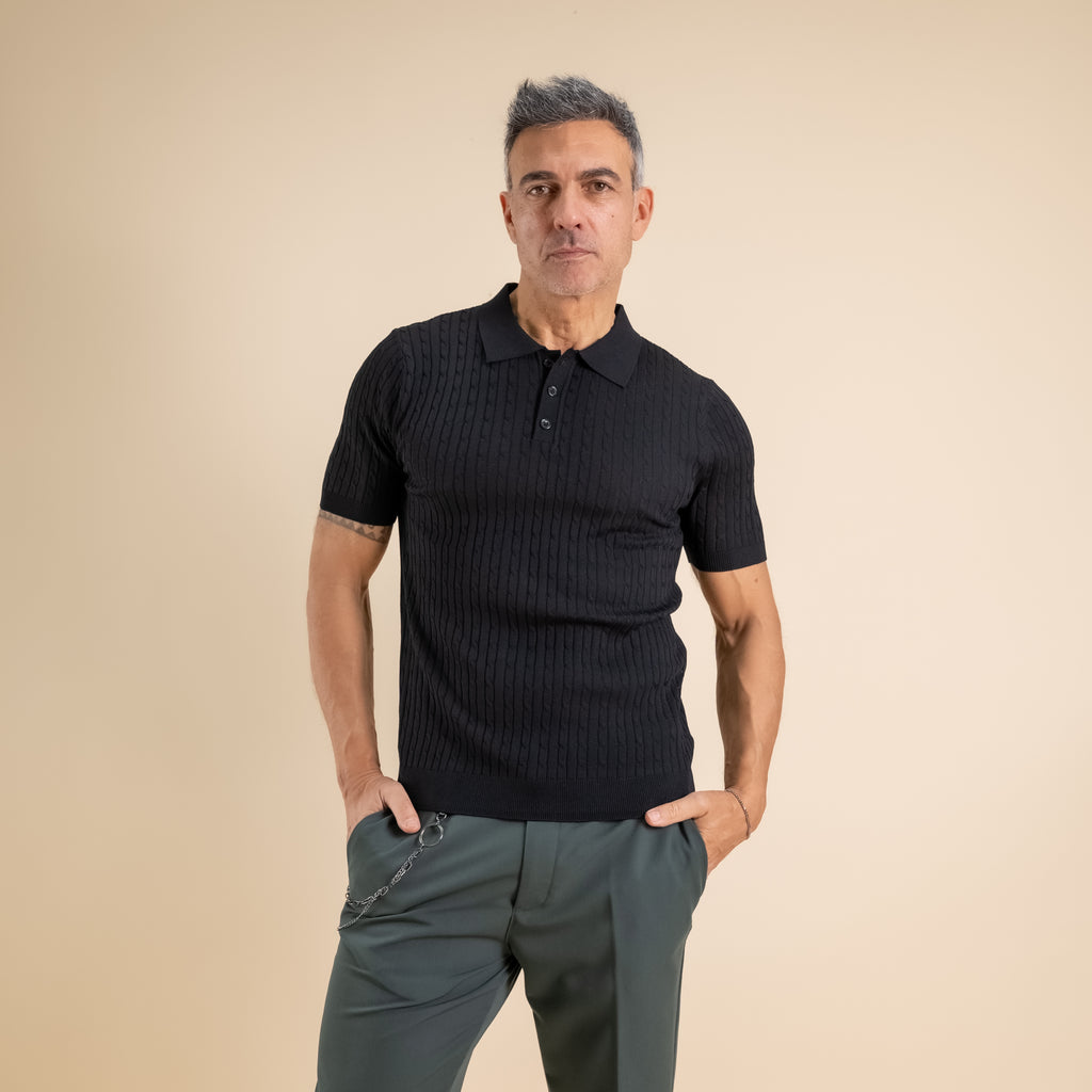 Polo de punto trenzado de tres botones - Negro