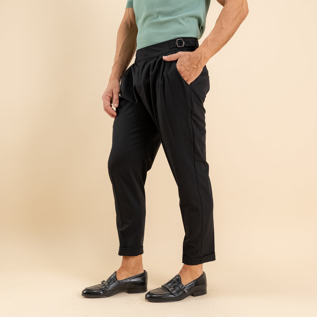 Trousers with corset waist and side buckle - Black