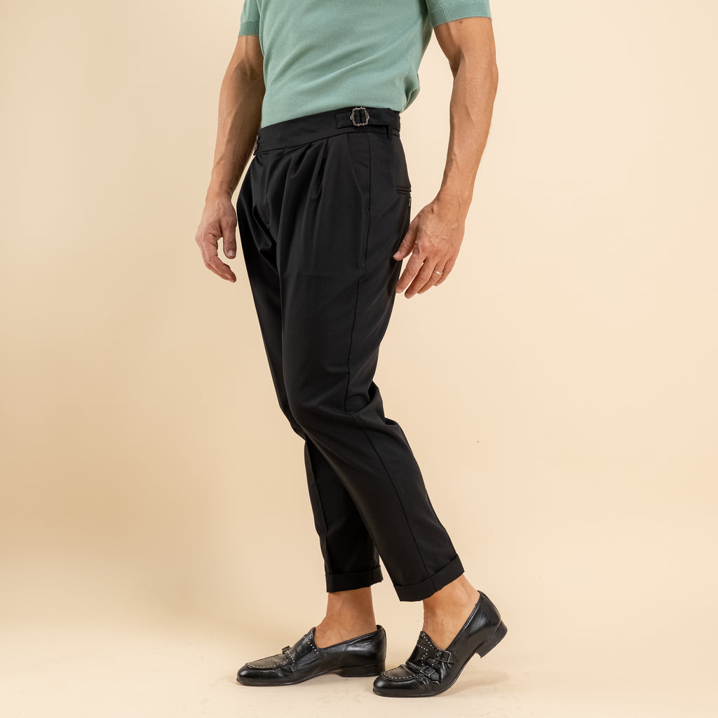 Trousers with corset waist and side buckle - Black