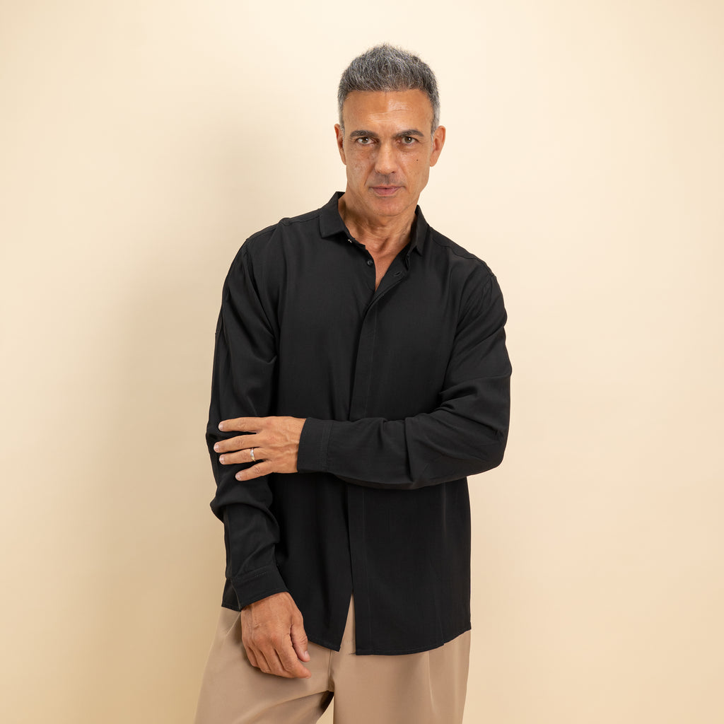 Camicia in viscosa bottone gioiello fintone coperto - Nero