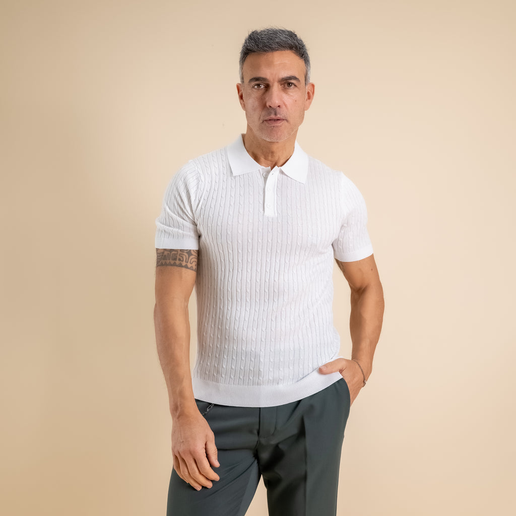 Polo in maglia a treccia con tre bottoni - Bianco