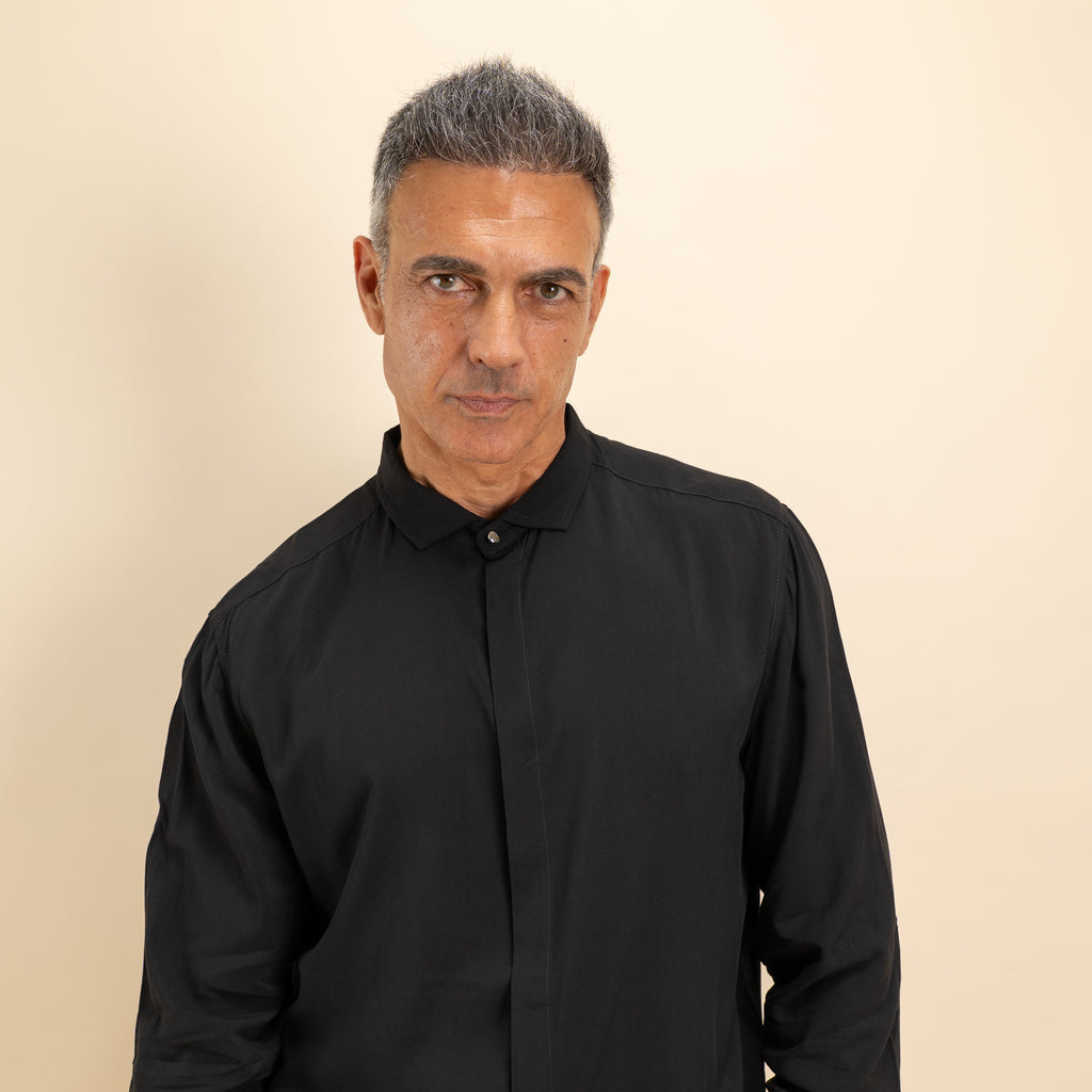 Camicia in viscosa bottone gioiello fintone coperto - Nero