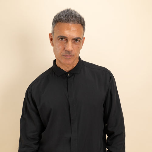 Viscose shirt with concealed button placket and jewel button - Black