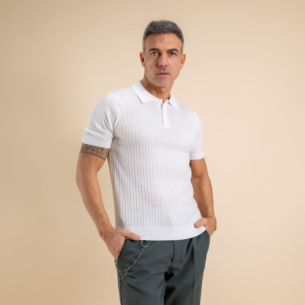 Polo in maglia a treccia con tre bottoni - Bianco